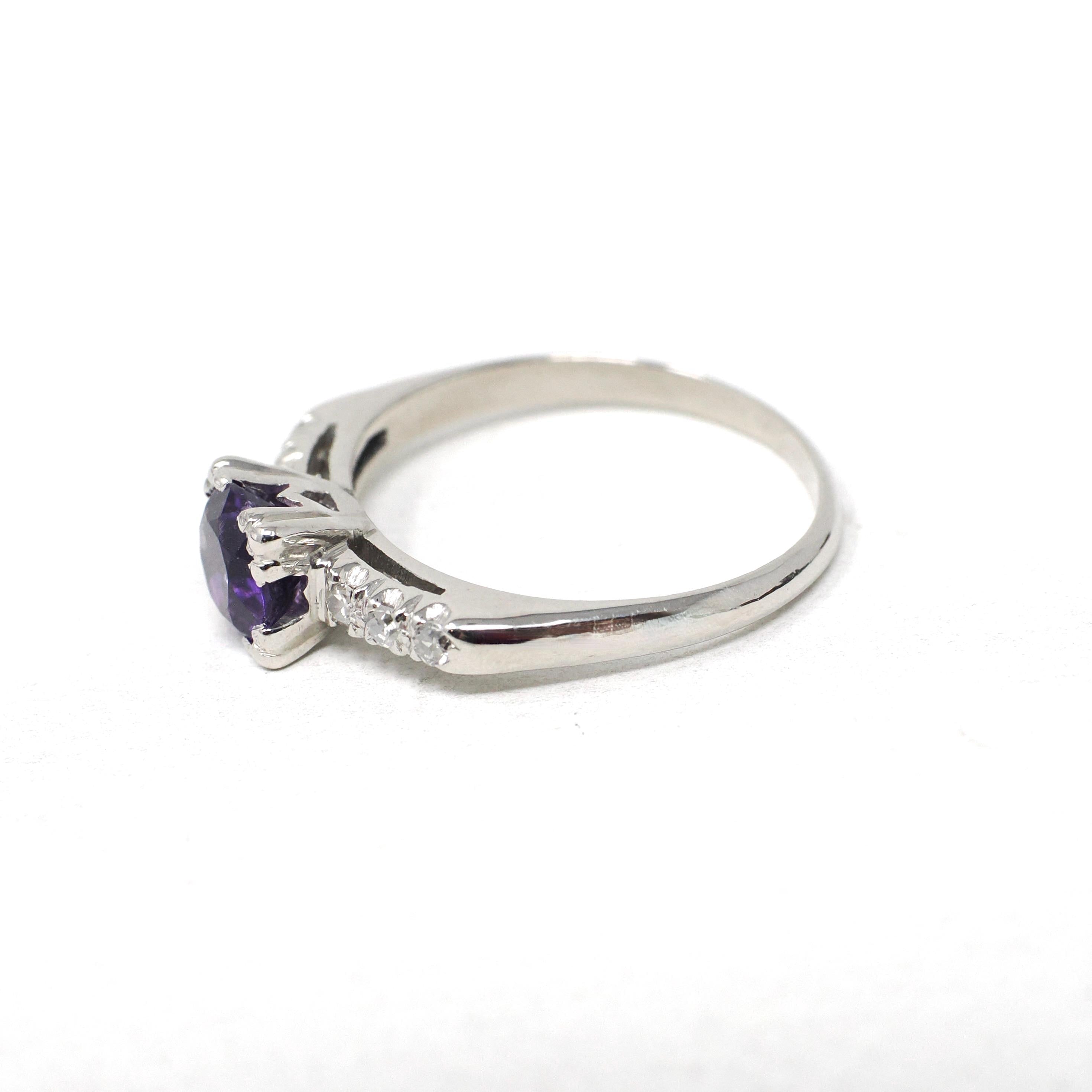 Mid Century Amethyst Ring - Vintage Platinum Natural Purple Gem & Diamonds - Circa 1950s Era Size 6 3/4 Alternative Engagement Fine Jewelry