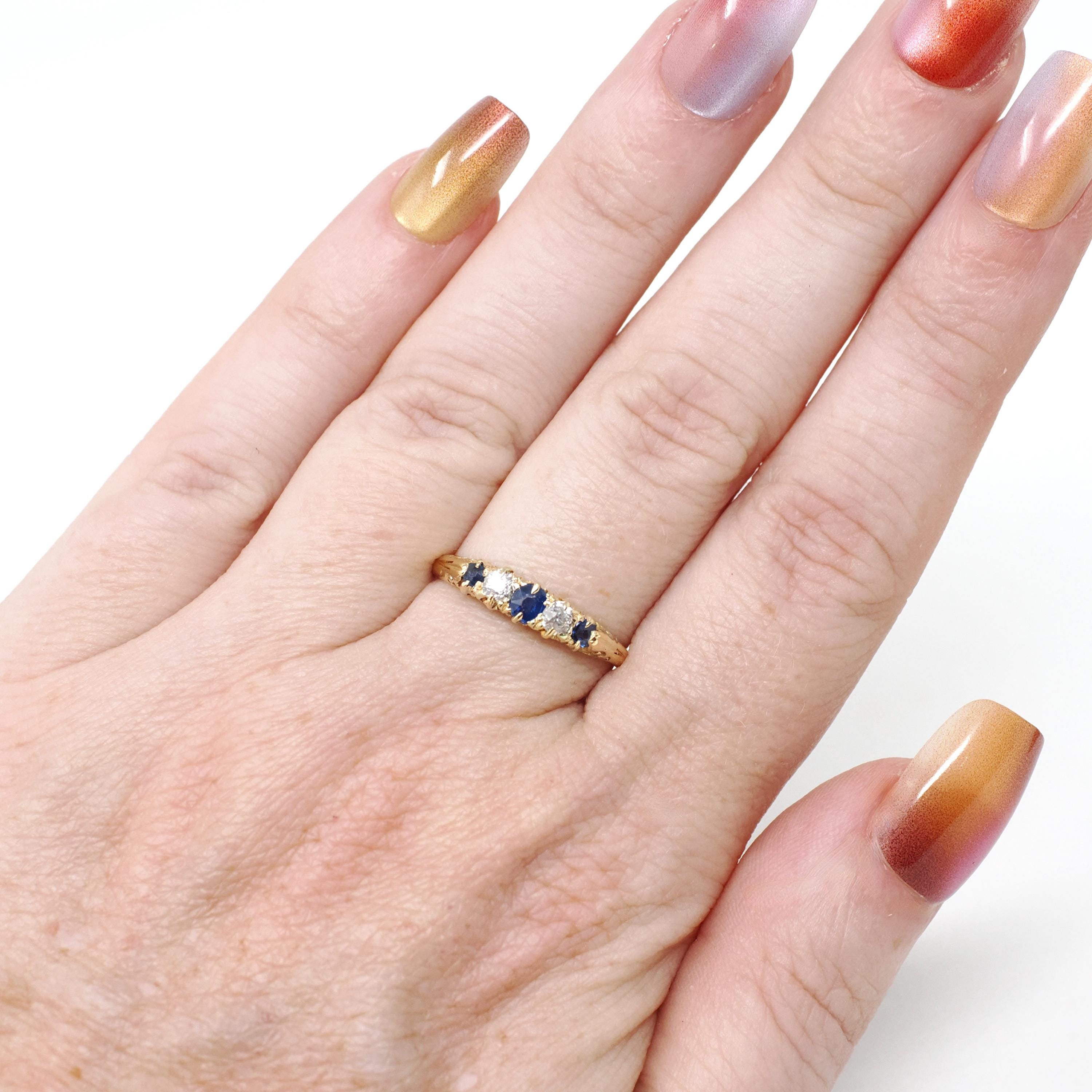 Antique Sapphire & Diamond Band - Edwardian 18k Yellow Gold Natural Blue Gem Wedding Stacking Ring - Vintage 1900s Size 6 1/4 Fine Jewelry