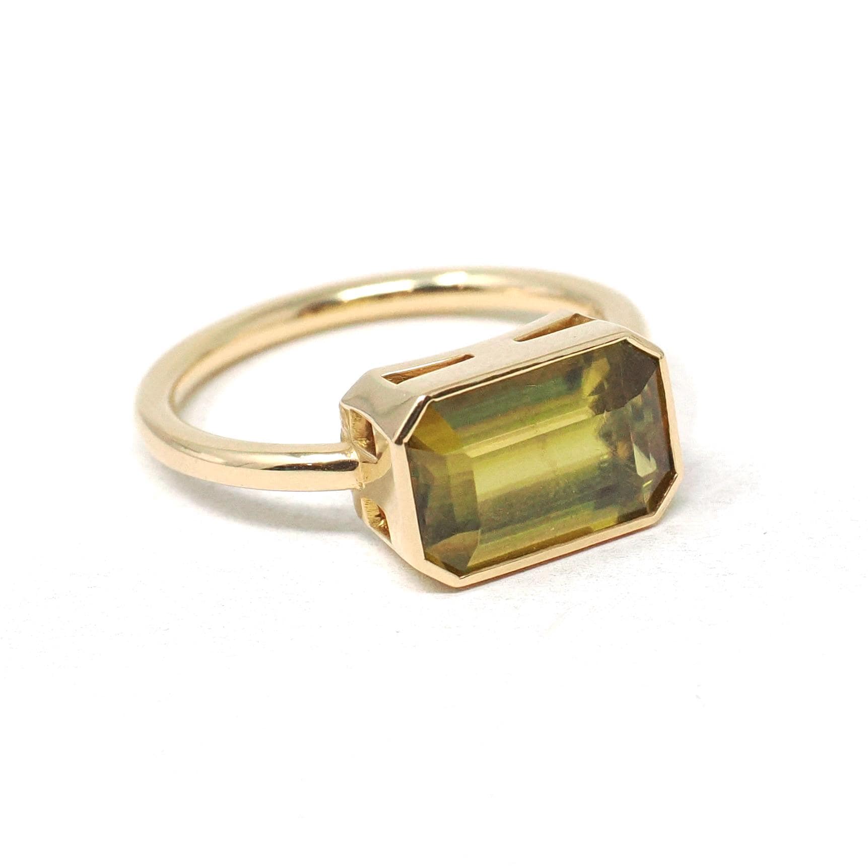 Modern Sphene Ring - 18k Yellow Gold Bezel Set Natural Green Gemstone - Size 6 Statement Fine Cocktail East West Fire Dispersion Jewelry
