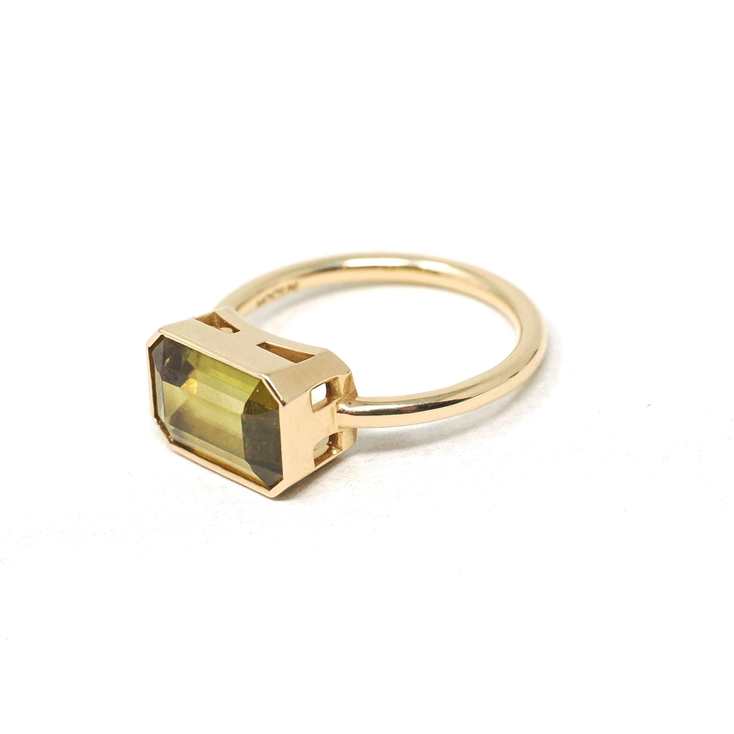 Modern Sphene Ring - 18k Yellow Gold Bezel Set Natural Green Gemstone - Size 6 Statement Fine Cocktail East West Fire Dispersion Jewelry