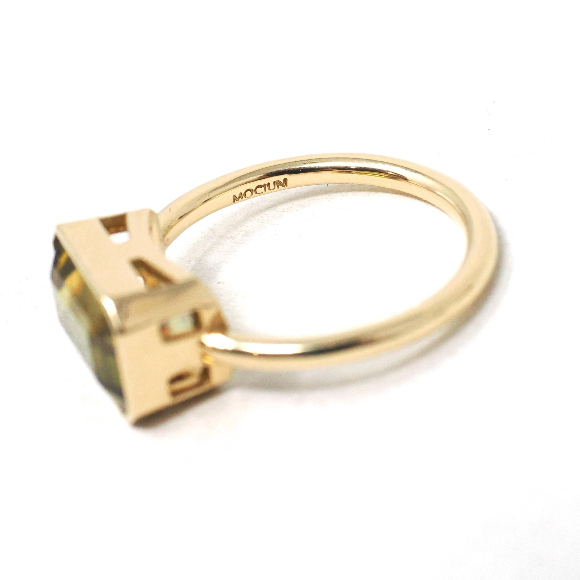 Modern Sphene Ring - 18k Yellow Gold Bezel Set Natural Green Gemstone - Size 6 Statement Fine Cocktail East West Fire Dispersion Jewelry