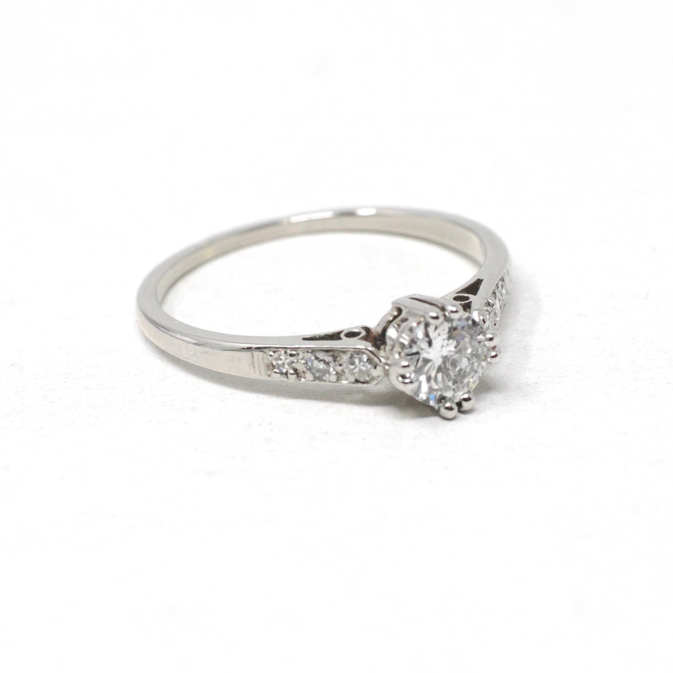 Mid Century Diamond Ring - Vintage Platinum Natural .48 CTW Classic Accented Engagement - Circa 1950s Era Size 7 Fine Bridal Wedding Jewelry