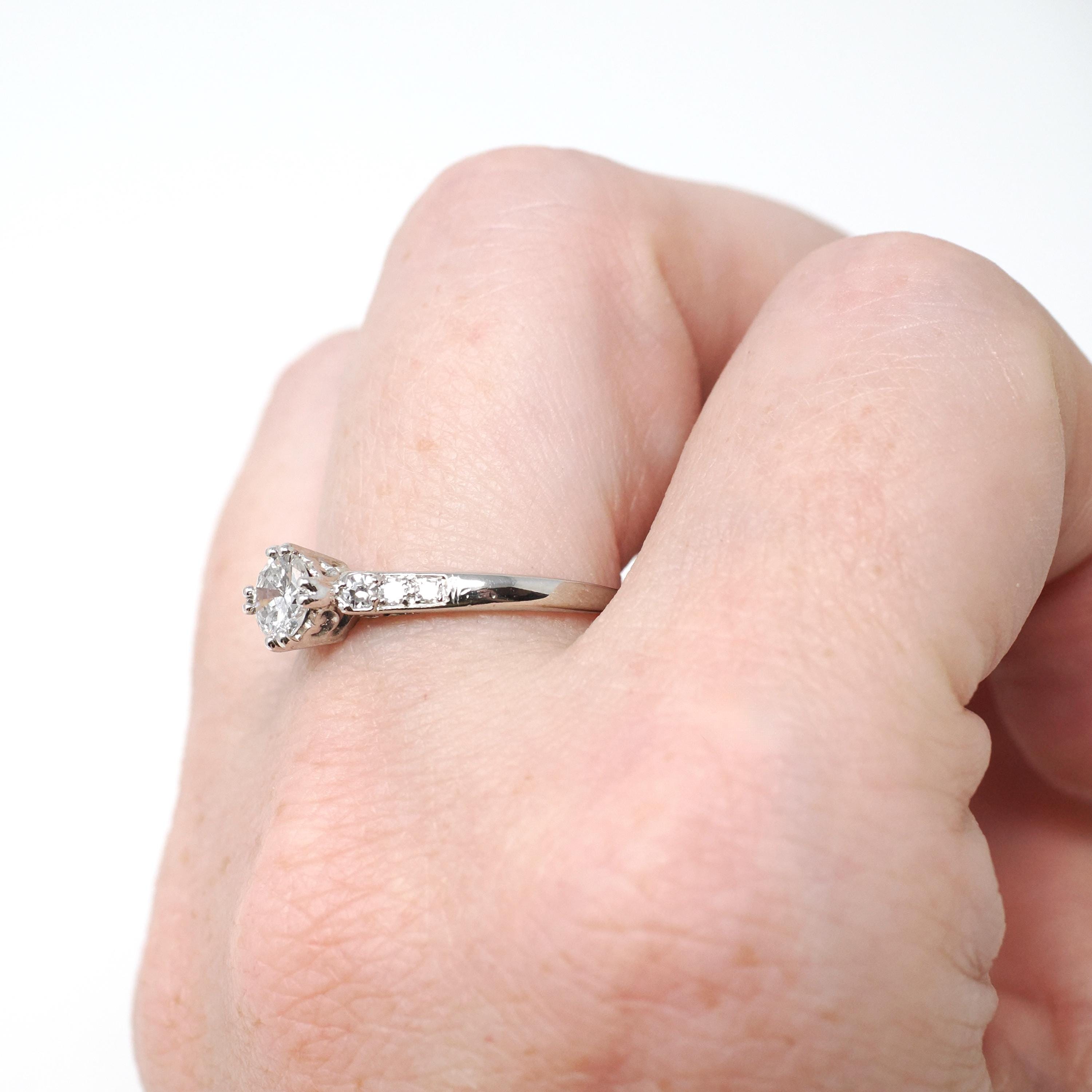 Mid Century Diamond Ring - Vintage Platinum Natural .48 CTW Classic Accented Engagement - Circa 1950s Era Size 7 Fine Bridal Wedding Jewelry