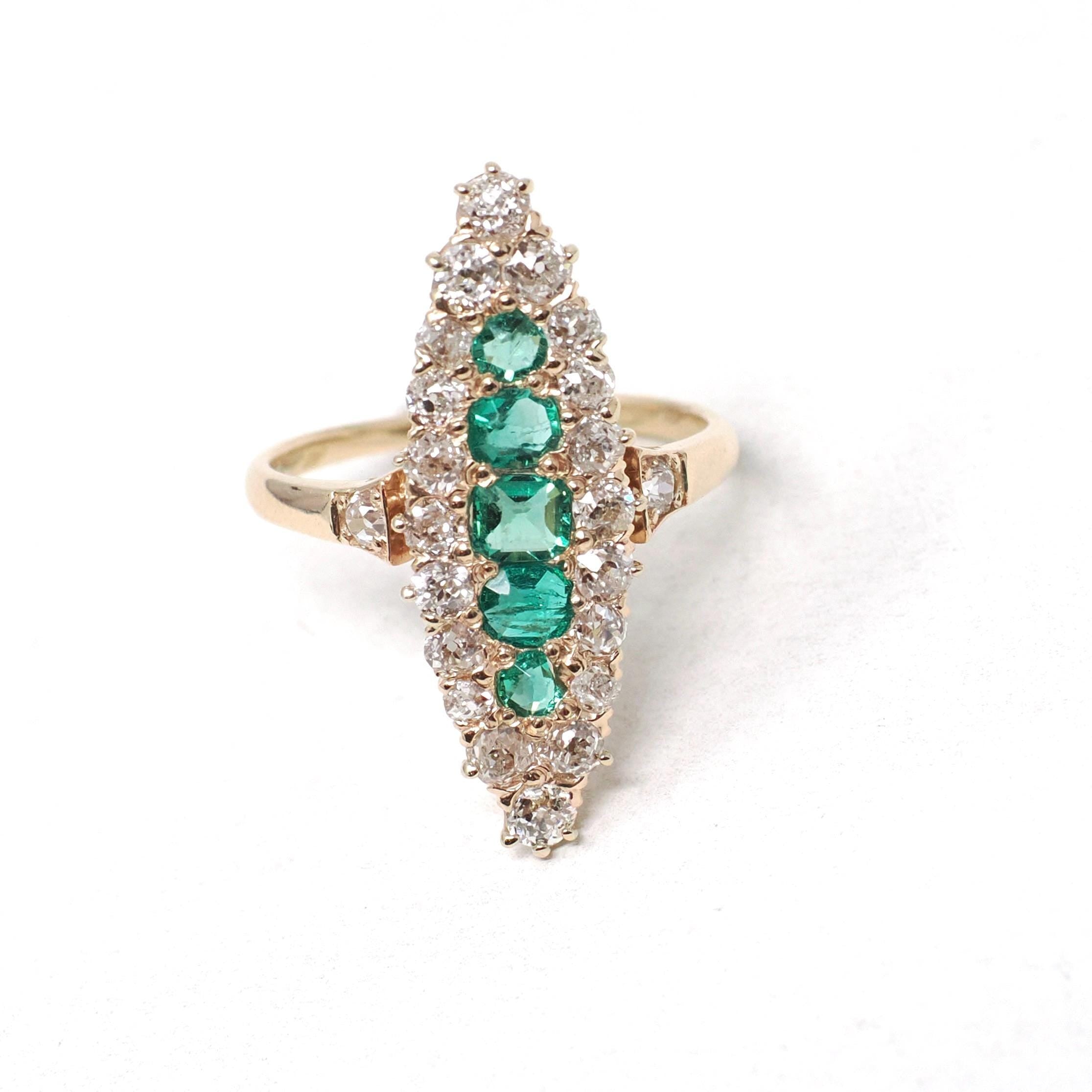 Antique Navette Ring - Edwardian 14k Yellow Gold Handmade Natural Green Emeralds & Diamonds - Circa 1900 Size 4 1/4 Engagement Fine Jewelry