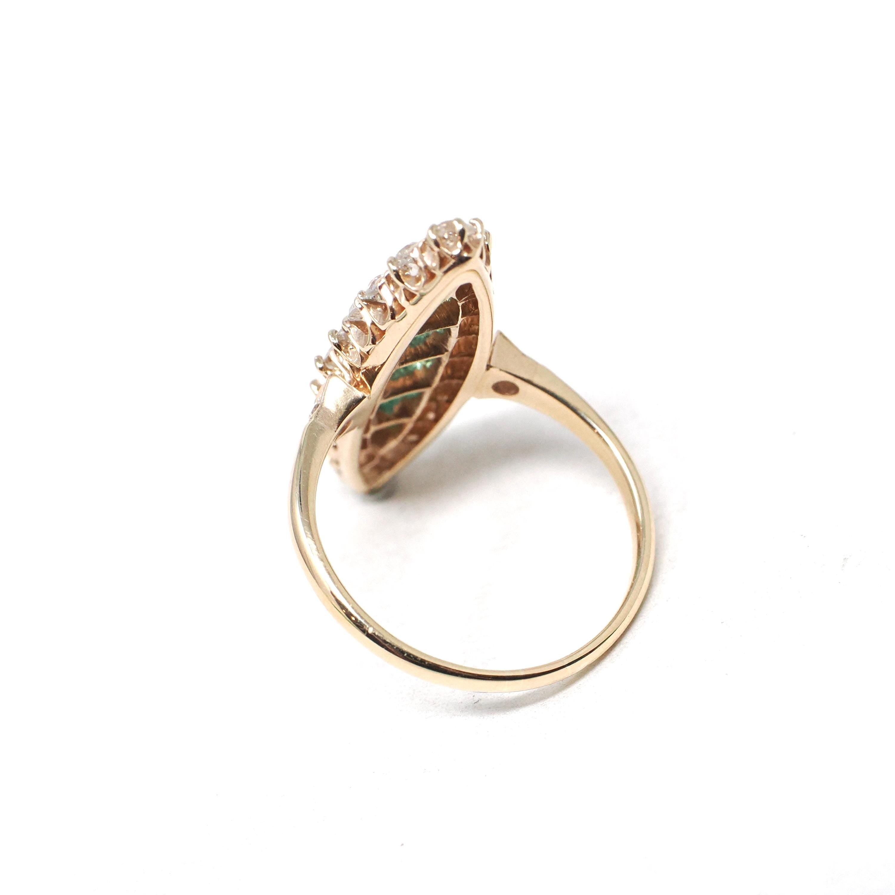 Antique Navette Ring - Edwardian 14k Yellow Gold Handmade Natural Green Emeralds & Diamonds - Circa 1900 Size 4 1/4 Engagement Fine Jewelry