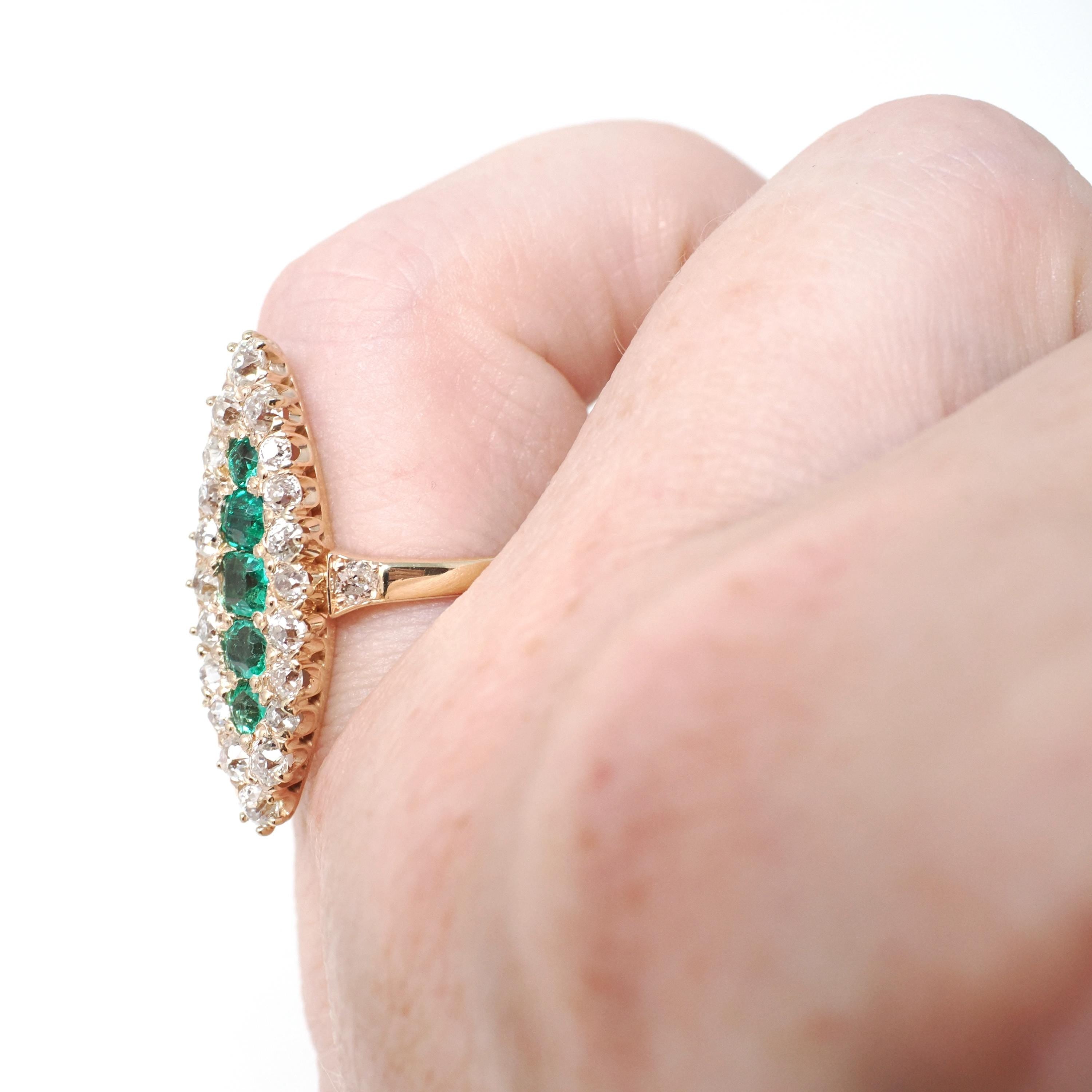 Antique Navette Ring - Edwardian 14k Yellow Gold Handmade Natural Green Emeralds & Diamonds - Circa 1900 Size 4 1/4 Engagement Fine Jewelry
