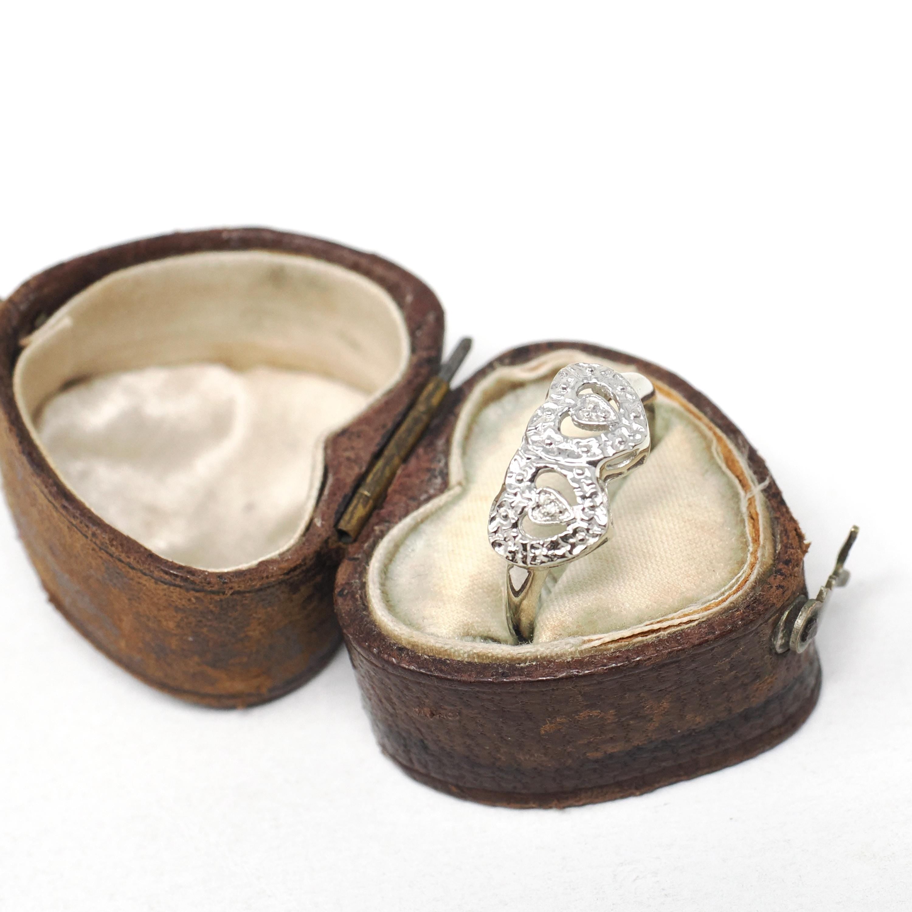 Double Heart Ring - Mid Century 10k White Gold Sweetheart Promise Love - Vintage Circa 1950s Era Size 6 Natural Diamonds Fine Jewelry
