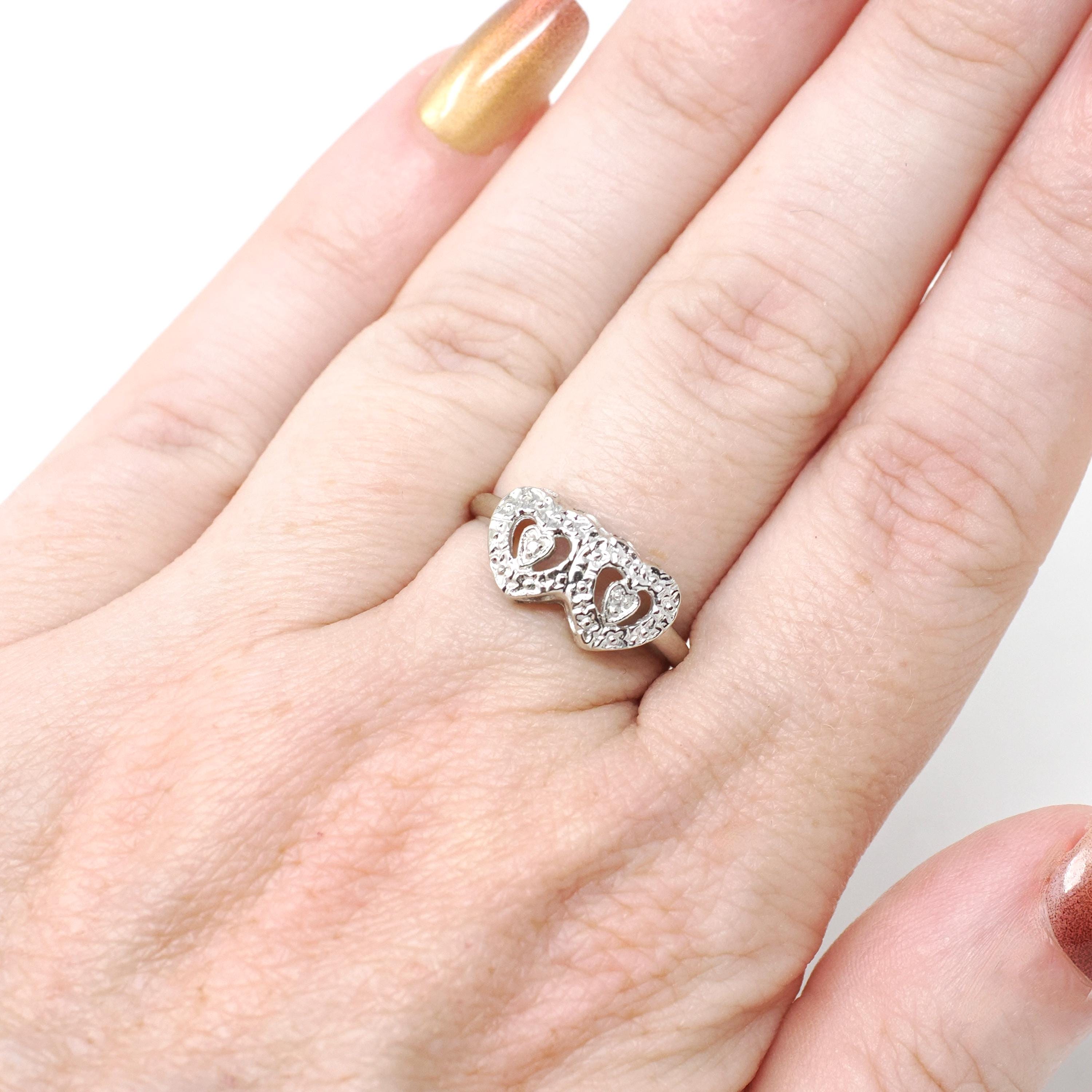Double Heart Ring - Mid Century 10k White Gold Sweetheart Promise Love - Vintage Circa 1950s Era Size 6 Natural Diamonds Fine Jewelry