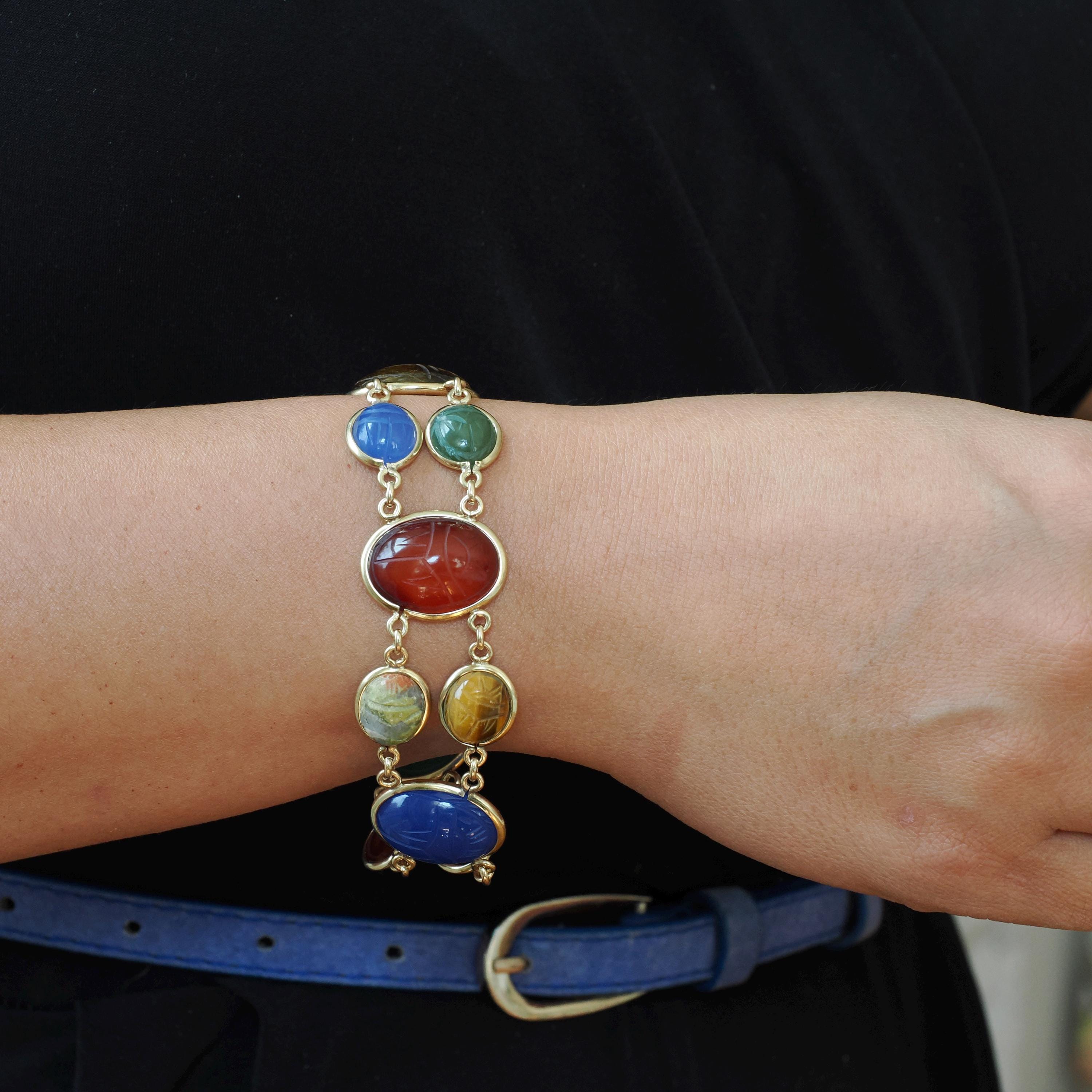 Vintage Scarab Bracelet - Mid Century Gold Filled Carved Natural Multi Gemstones - Circa 1960s Era Egyptian Revival Fashion Jewelry