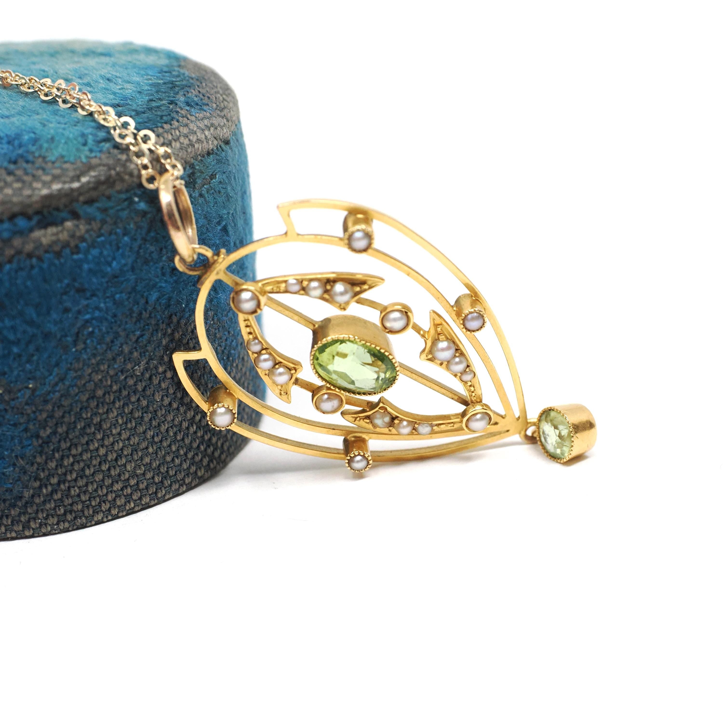 Antique Lavalier Necklace - Edwardian 15k Yellow Gold Natural Green Peridot Gem Pendant Seed Pearls - Circa 1900s Era Fine Statement Jewelry