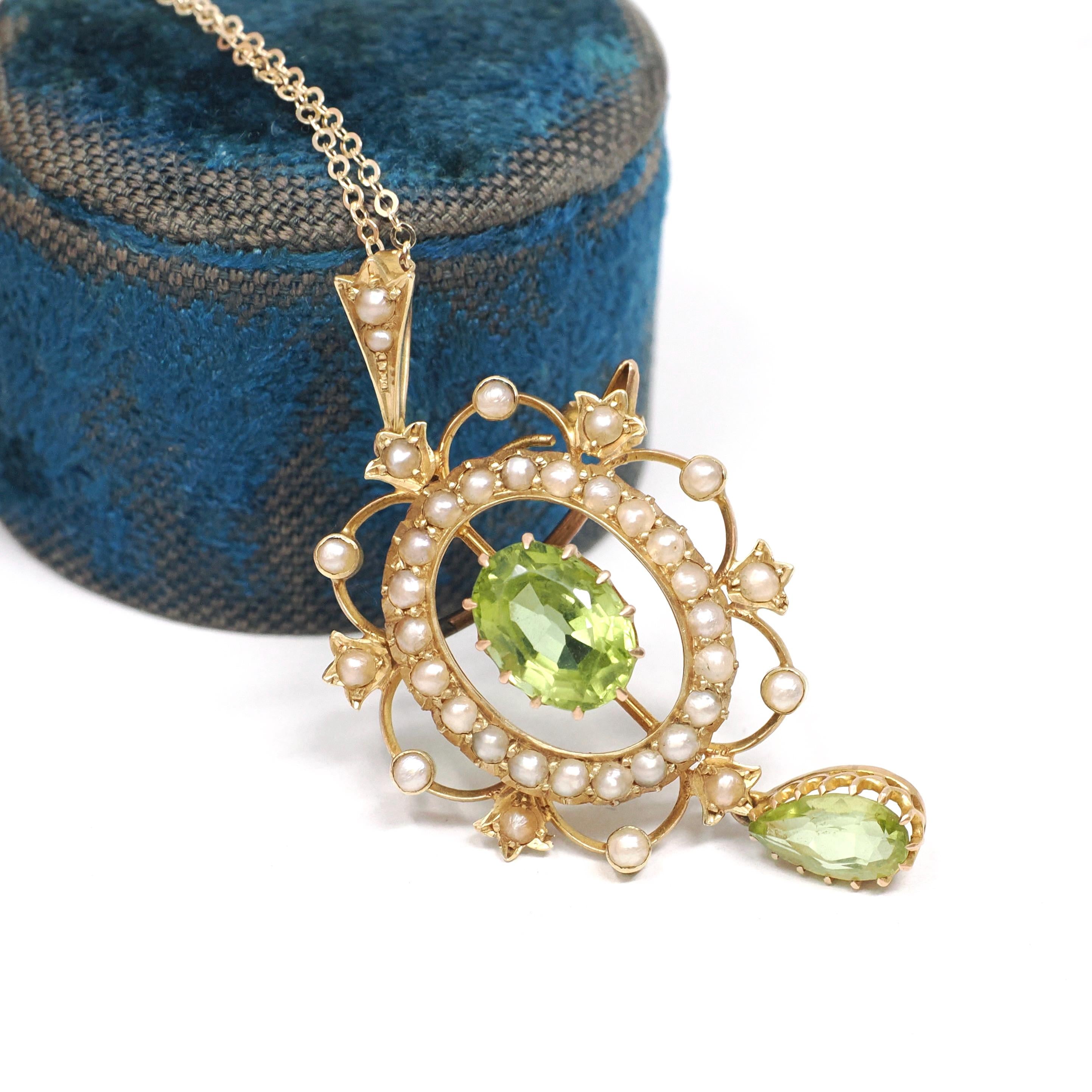 Antique Lavalier Necklace - Edwardian 15k Yellow Gold Natural Green Peridot Gem Pendant Seed Pearls - Circa 1900s Era Fine Brooch Jewelry