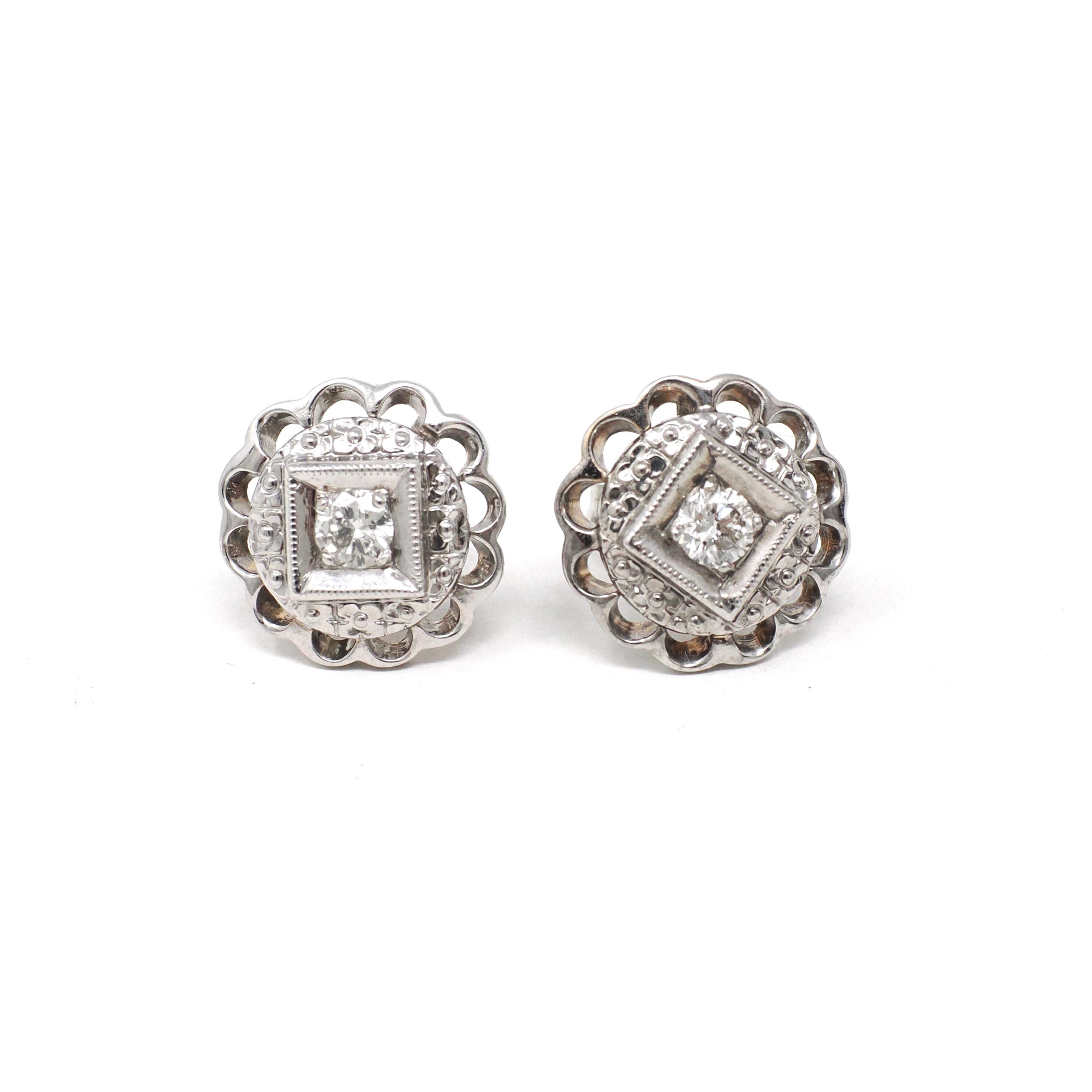 Mid Century Diamond Earrings - Vintage 14k White Gold Pierced Push Backs Studs - Circa 1950s Era Round Flower Floral Fine Statement Jewelry