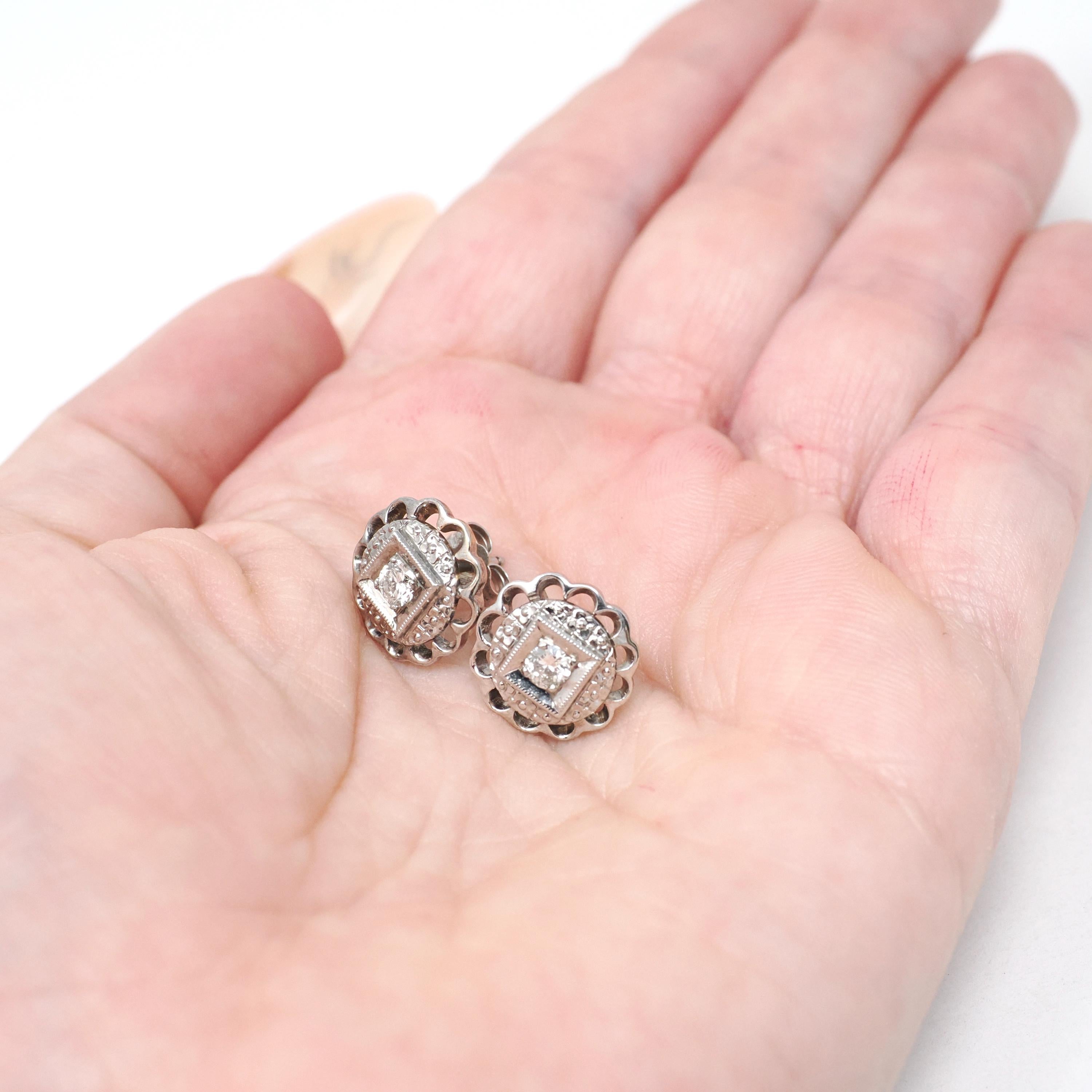 Mid Century Diamond Earrings - Vintage 14k White Gold Pierced Push Backs Studs - Circa 1950s Era Round Flower Floral Fine Statement Jewelry