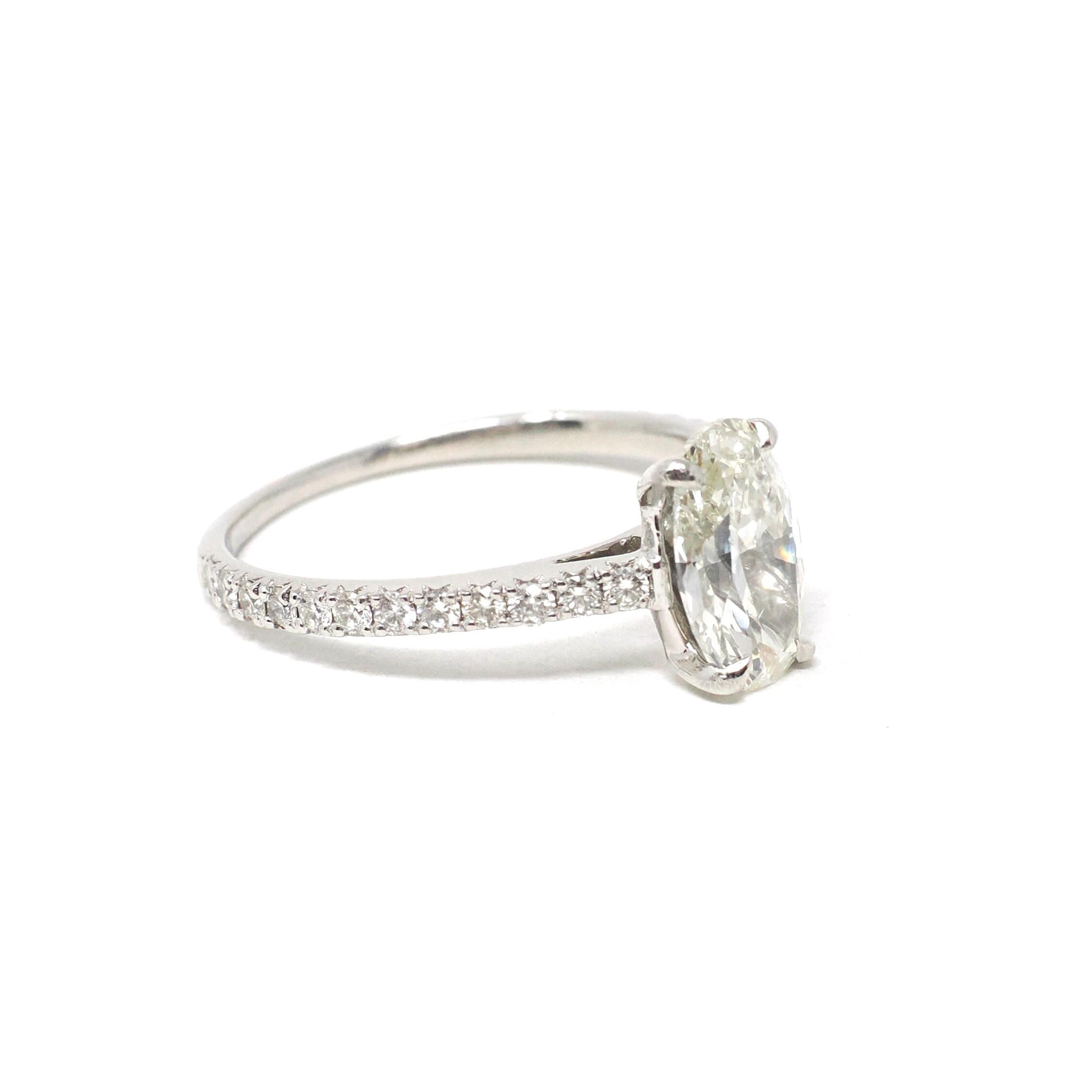 Oval Diamond Ring - Modern Platinum Natural 2.22 CTW Classic Accented Engagement - Circa 2000s Era Size 9 1/4 Fine Bridal Wedding Jewelry