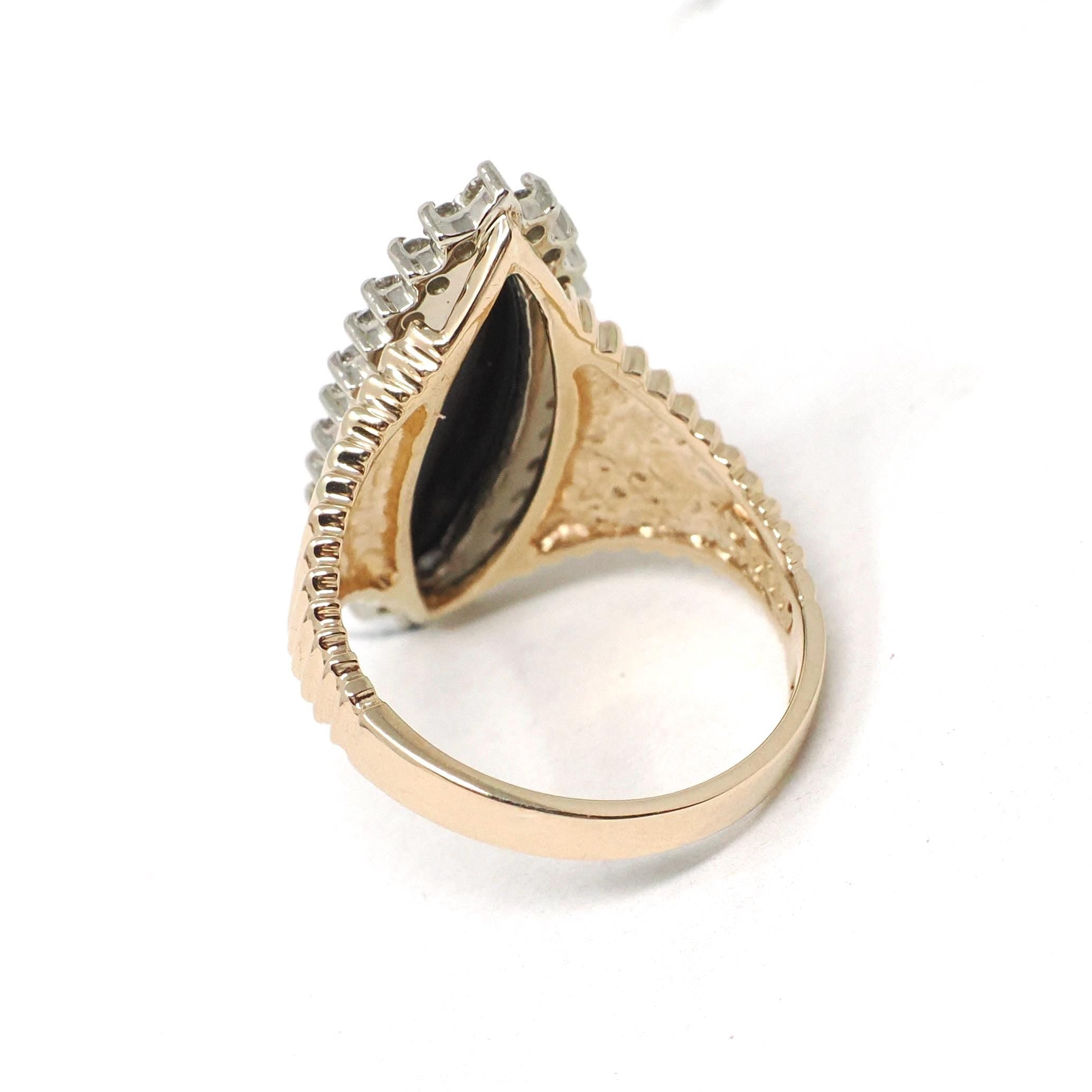 Onyx Halo Ring - Vintage 14k Yellow & White Gold Black Navette Gem .48 CTW Diamonds - Circa 1970s Retro Era Size 6.25 Fine Statement Jewelry