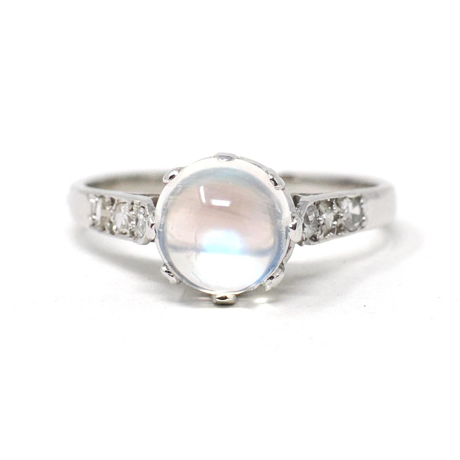 Vintage Rainbow Moonstone Ring - Art Deco 18k White Gold Natural Diamond Gemstones - Circa 1930s Era Size 6 Solitaire Basket Fine Jewelry