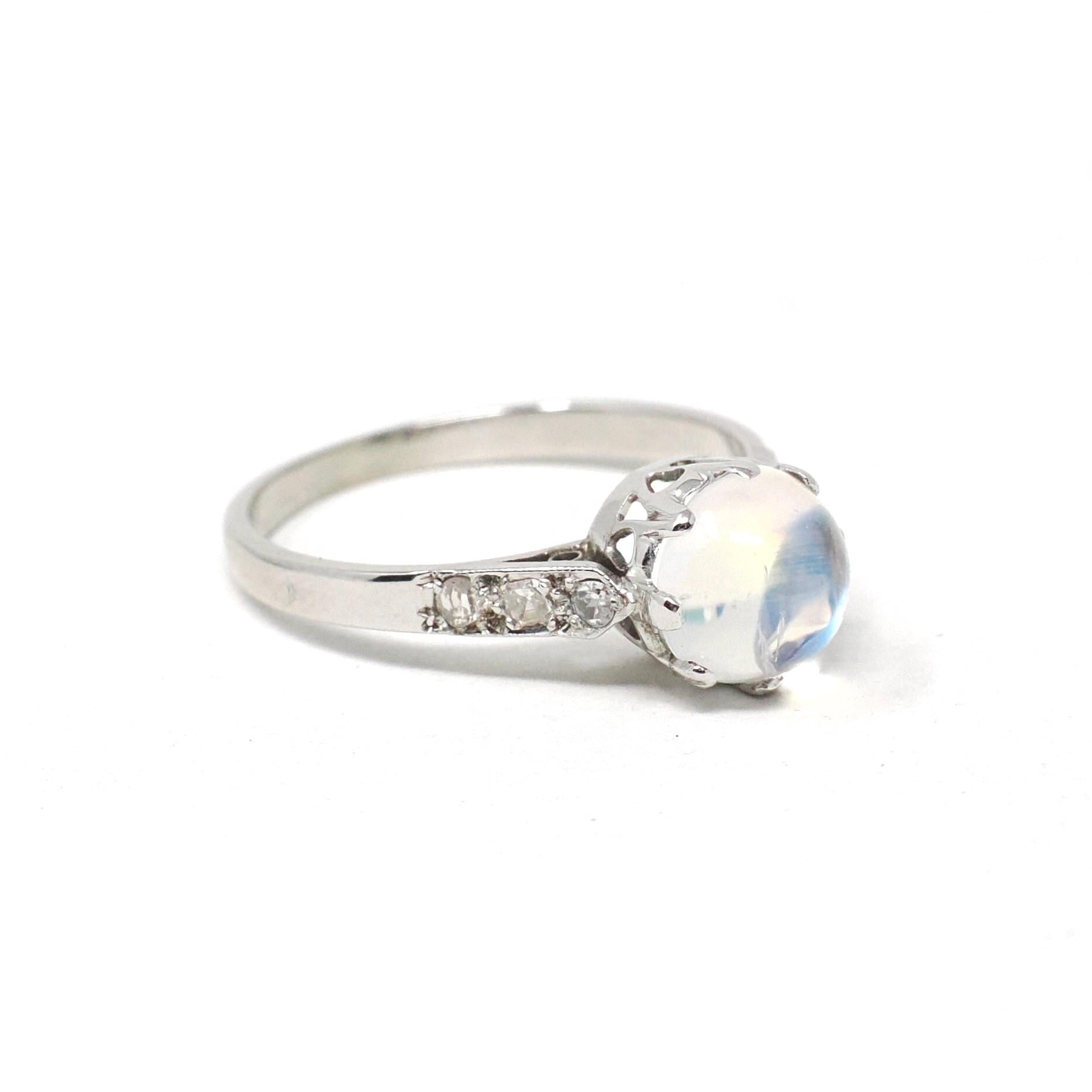 Vintage Rainbow Moonstone Ring - Art Deco 18k White Gold Natural Diamond Gemstones - Circa 1930s Era Size 6 Solitaire Basket Fine Jewelry