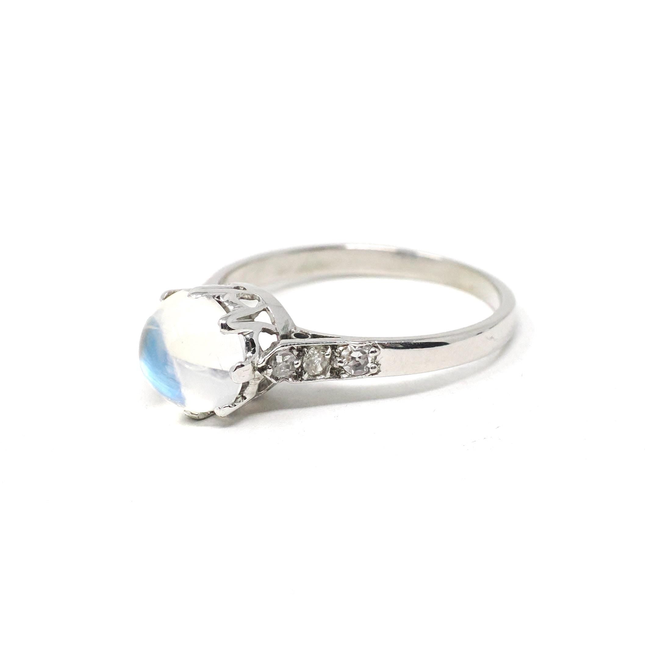Vintage Rainbow Moonstone Ring - Art Deco 18k White Gold Natural Diamond Gemstones - Circa 1930s Era Size 6 Solitaire Basket Fine Jewelry