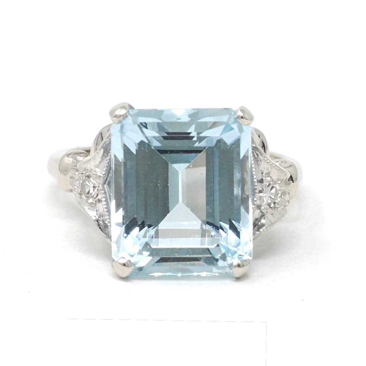 Mid Century Aquamarine Ring - Vintage 14k White Gold Natural 6.25 CT Blue Gem Diamonds - Circa 1950s Size 6 Alternative Engagement Jewelry