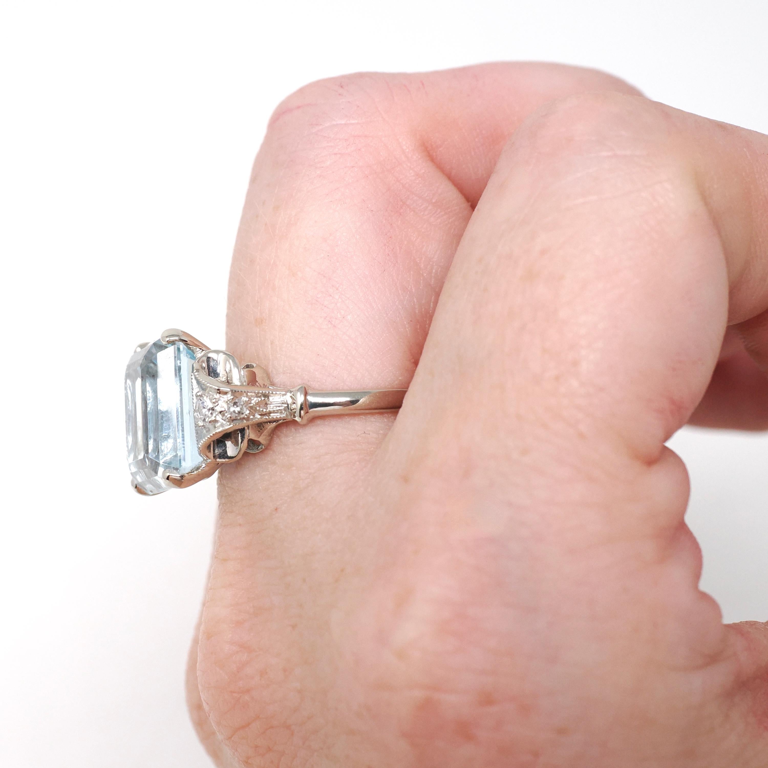 Mid Century Aquamarine Ring - Vintage 14k White Gold Natural 6.25 CT Blue Gem Diamonds - Circa 1950s Size 6 Alternative Engagement Jewelry