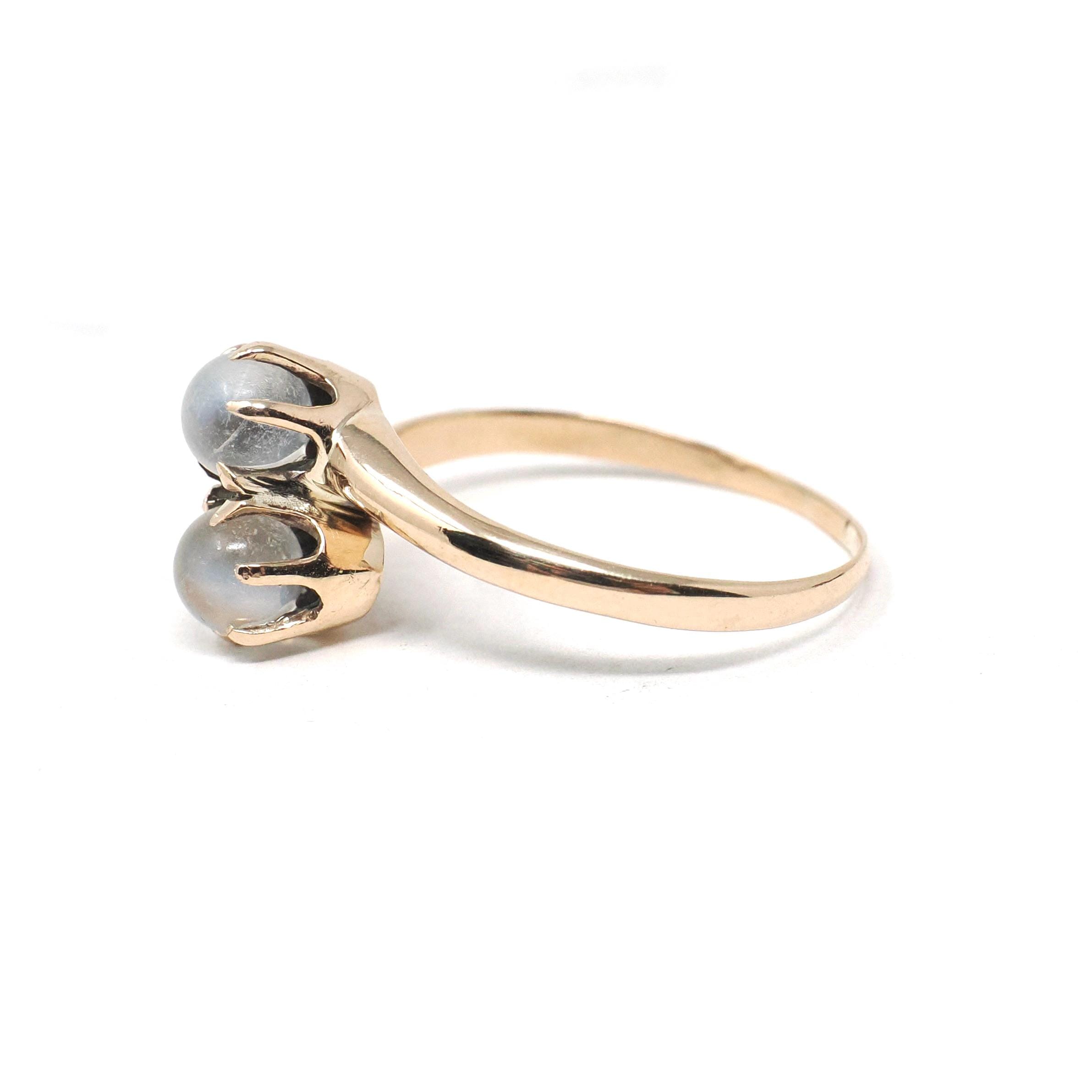 Edwardian Moonstone Ring - Antique 10k Yellow Gold Natural Round Toi Et Moi Orb Gems - Circa Early 1900s Era Size 6 1/2 Bypass Fine Jewelry