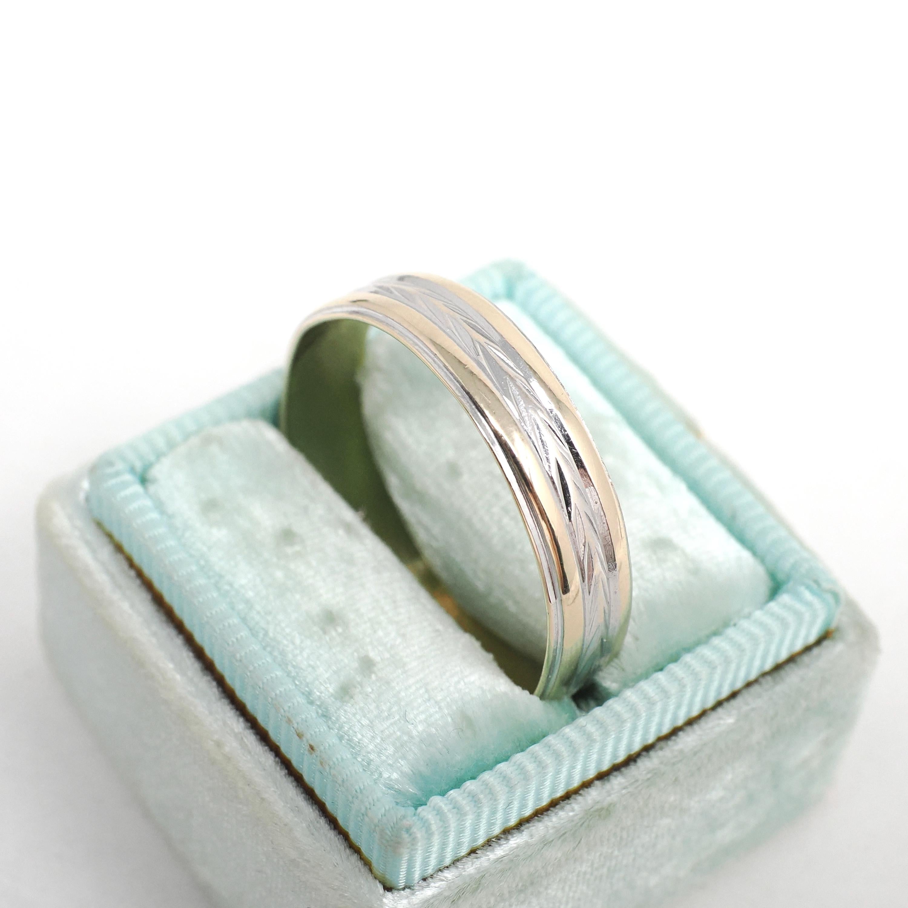 Two Tone Wedding Band - Vintage 14k Yellow & White Gold Unisex Bridal Standard Fit Ring - Retro Circa 1960s Size 12 1/2 Wheat Fine Jewelry