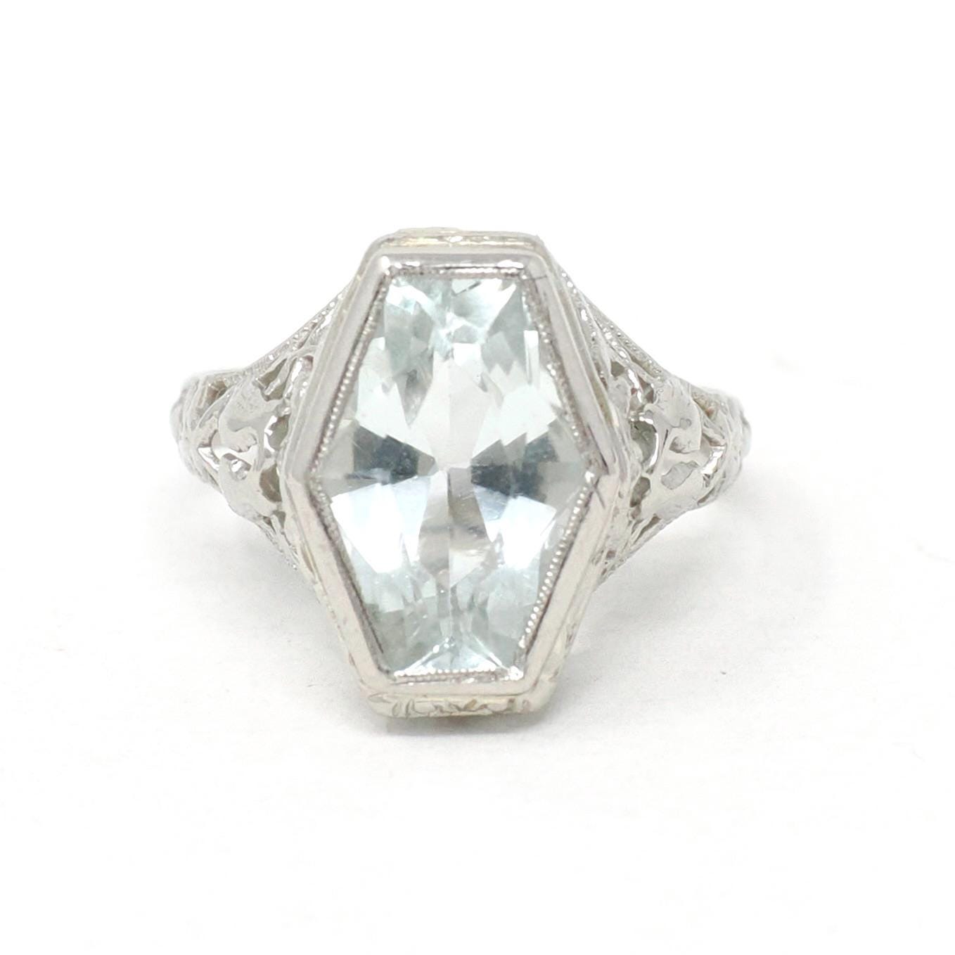 Vintage Aquamarine Ring - Art Deco 14k White Gold Light Blue Hexagon Gemstone - Circa 1930s Era Size 5 1/4 Lovebird Filigree Fine Jewelry