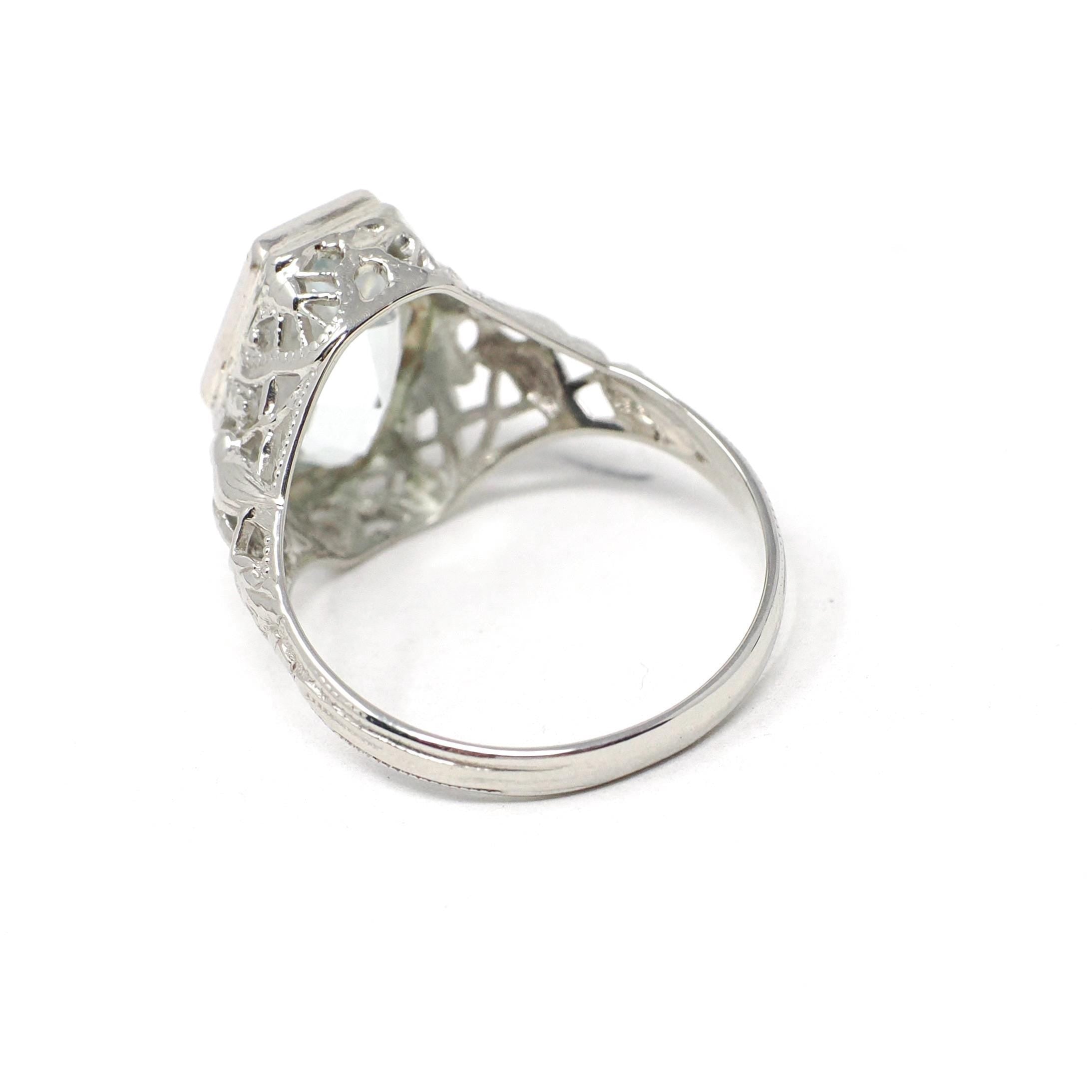 Vintage Aquamarine Ring - Art Deco 14k White Gold Light Blue Hexagon Gemstone - Circa 1930s Era Size 5 1/4 Lovebird Filigree Fine Jewelry