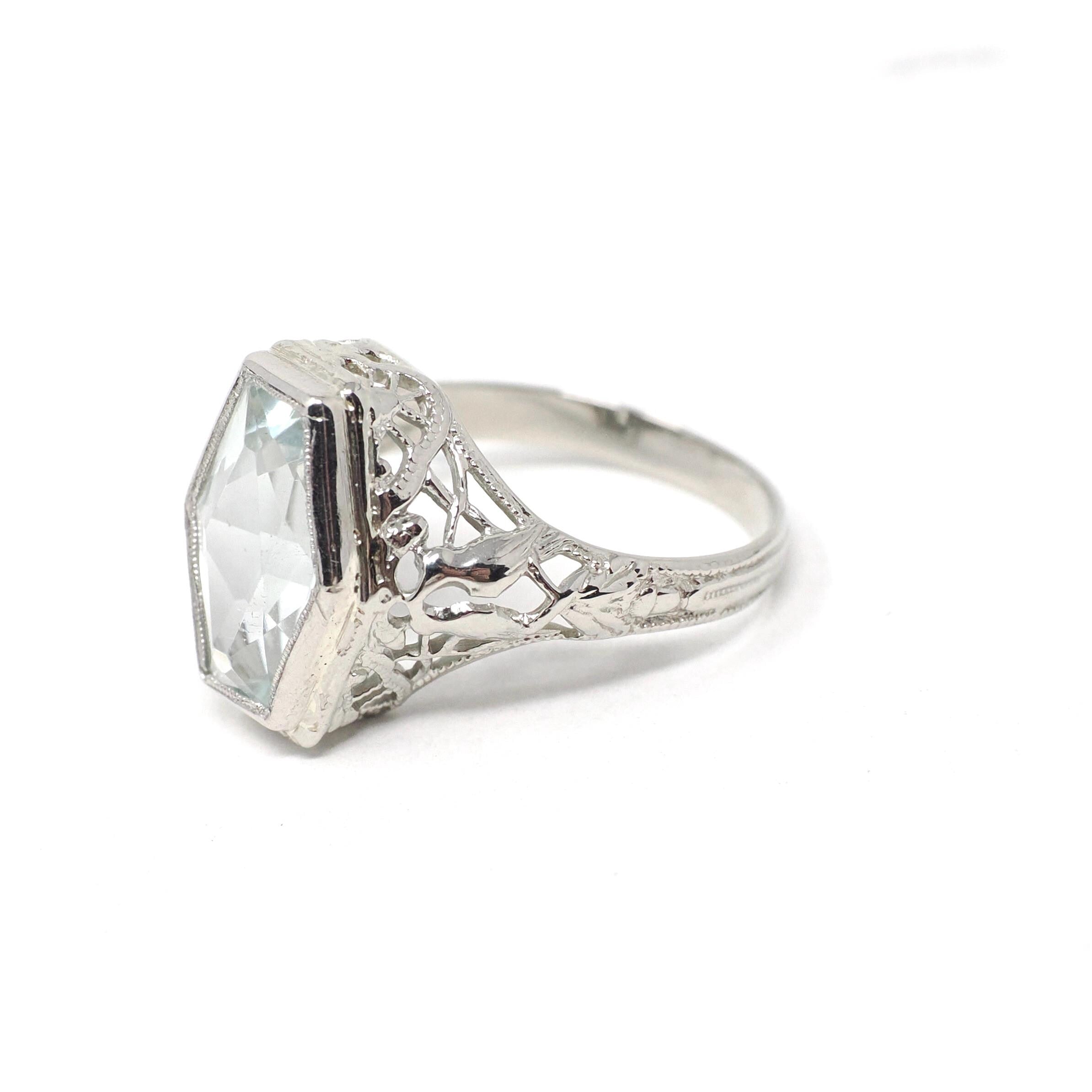 Vintage Aquamarine Ring - Art Deco 14k White Gold Light Blue Hexagon Gemstone - Circa 1930s Era Size 5 1/4 Lovebird Filigree Fine Jewelry