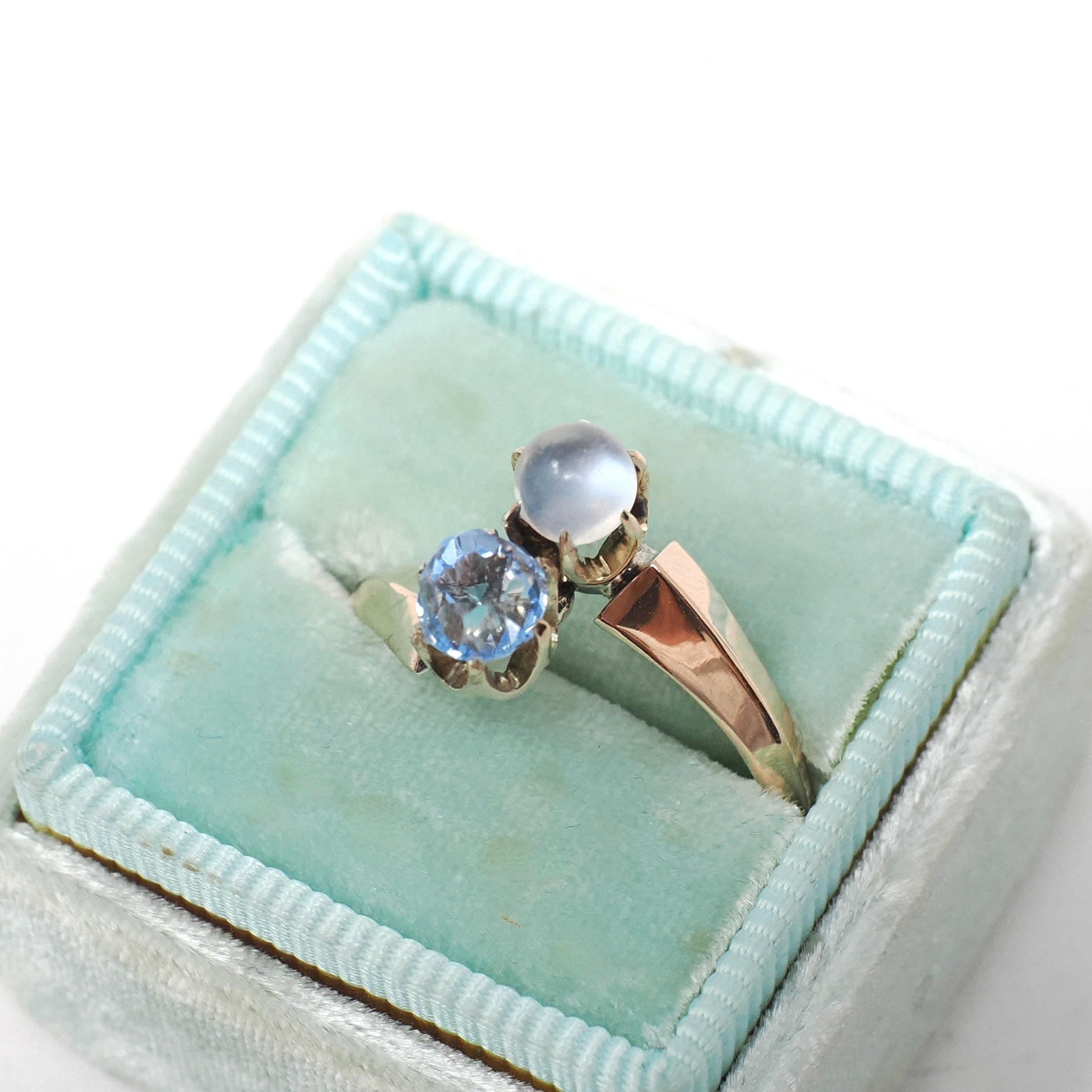 Antique Toi Et Moi Ring - Edwardian 10k Yellow Gold Natural Moonstone & Iolite Gemstone Bypass - Circa Early 1900s Size 7 1/4 Fine Jewelry