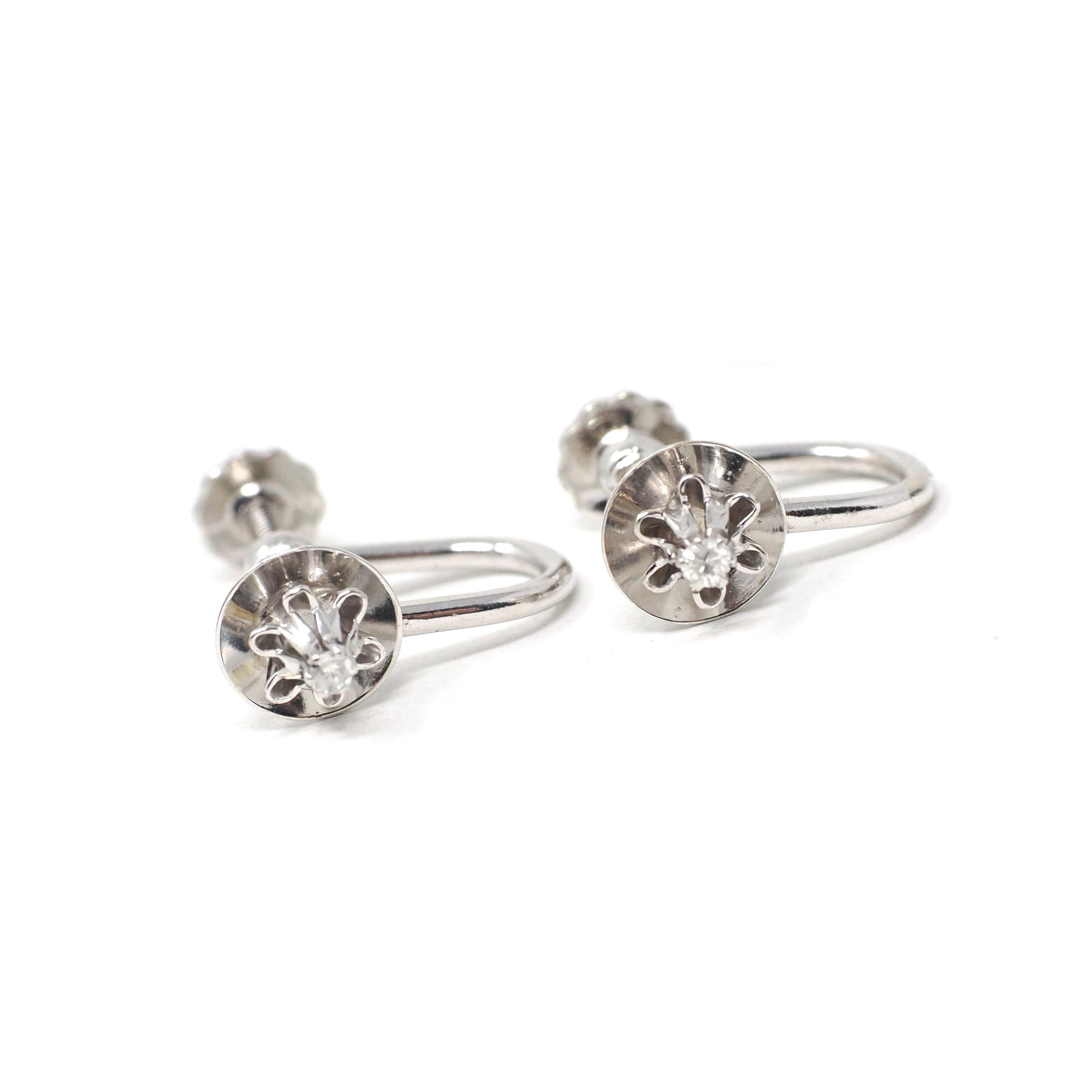 Vintage Diamond Earrings - Retro 14k White Gold .05 CTW Round Buttercup Flower Screw Backs - Circa 1960s Era Floral Fine Bridal Jewelry
