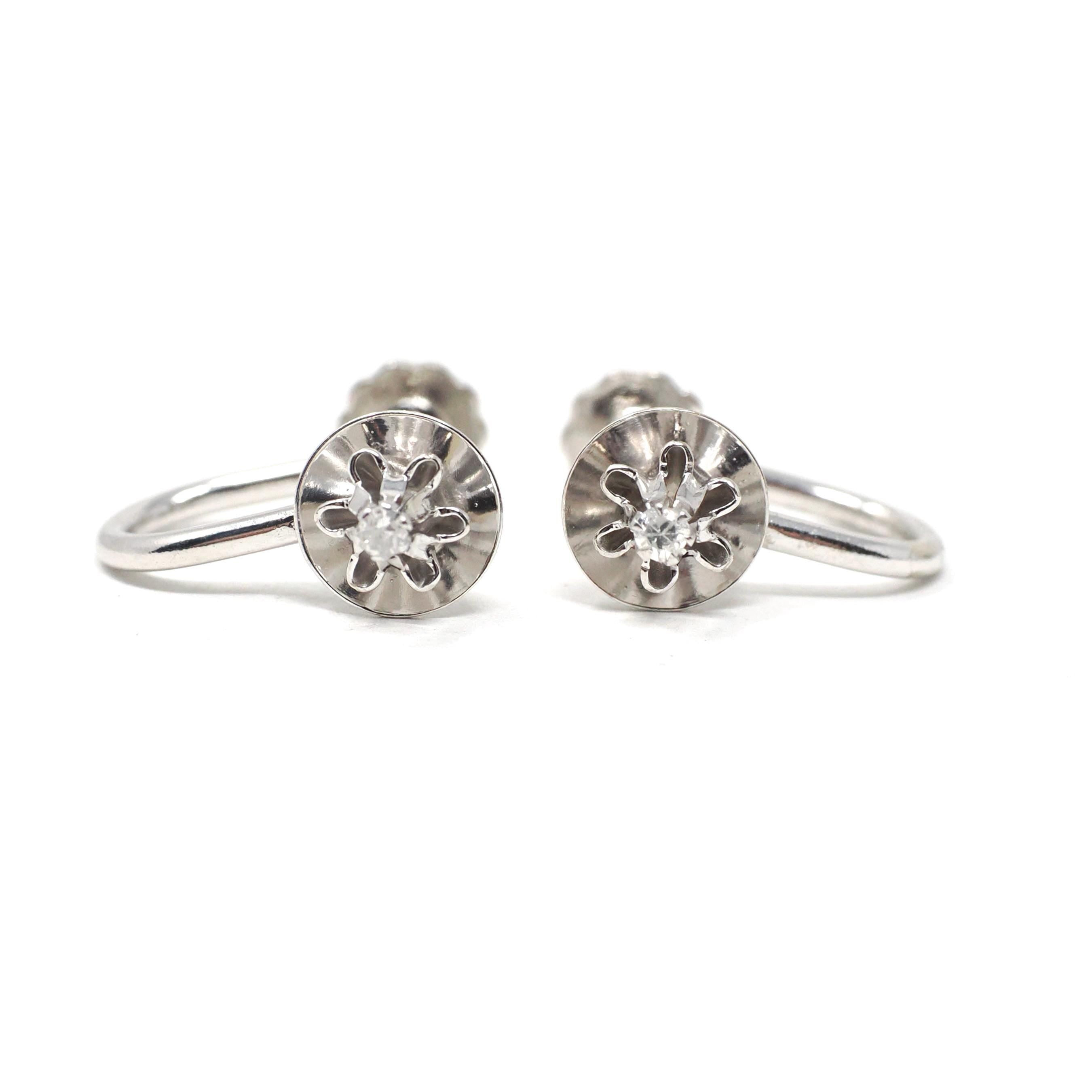 Vintage Diamond Earrings - Retro 14k White Gold .05 CTW Round Buttercup Flower Screw Backs - Circa 1960s Era Floral Fine Bridal Jewelry