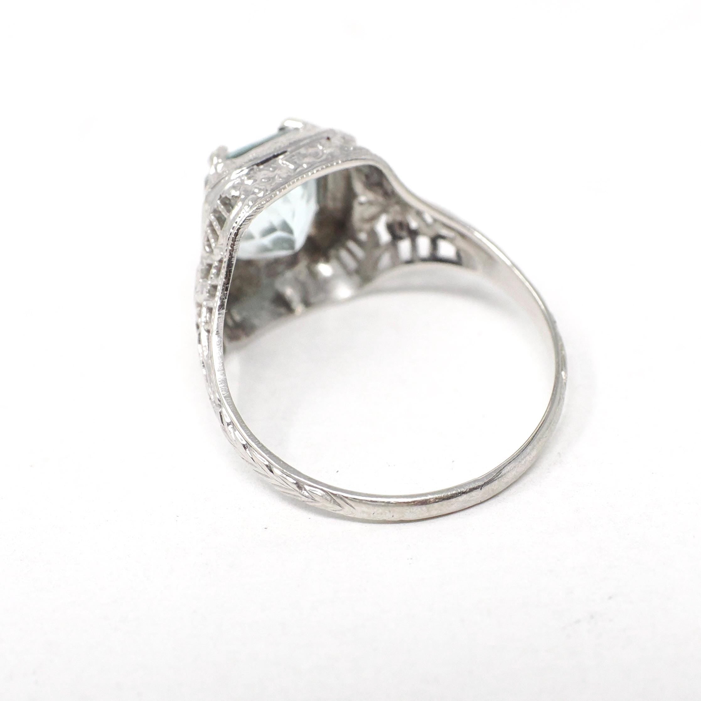 Vintage Aquamarine Ring - Art Deco 14k White Gold French Cut Octagonal Natural Blue Gemstone - Circa 1930s Size 5 1/4 Filigree Fine Jewelry