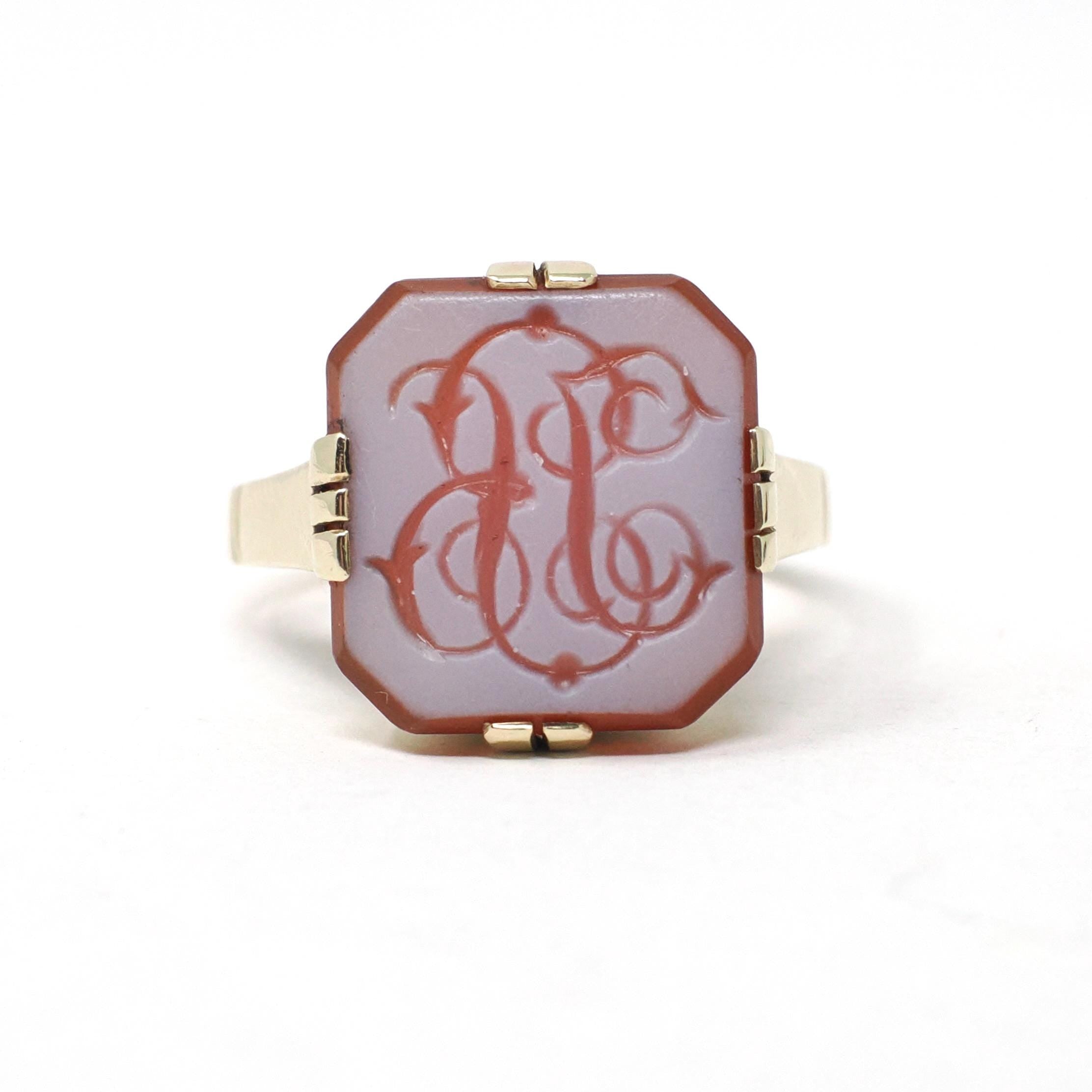 Vintage Intaglio Ring - Mid Century 14k Yellow Gold Carved Script Monogram Orange White Sardonyx Gem - Size 8 3/4 Initials JB Fine Jewelry