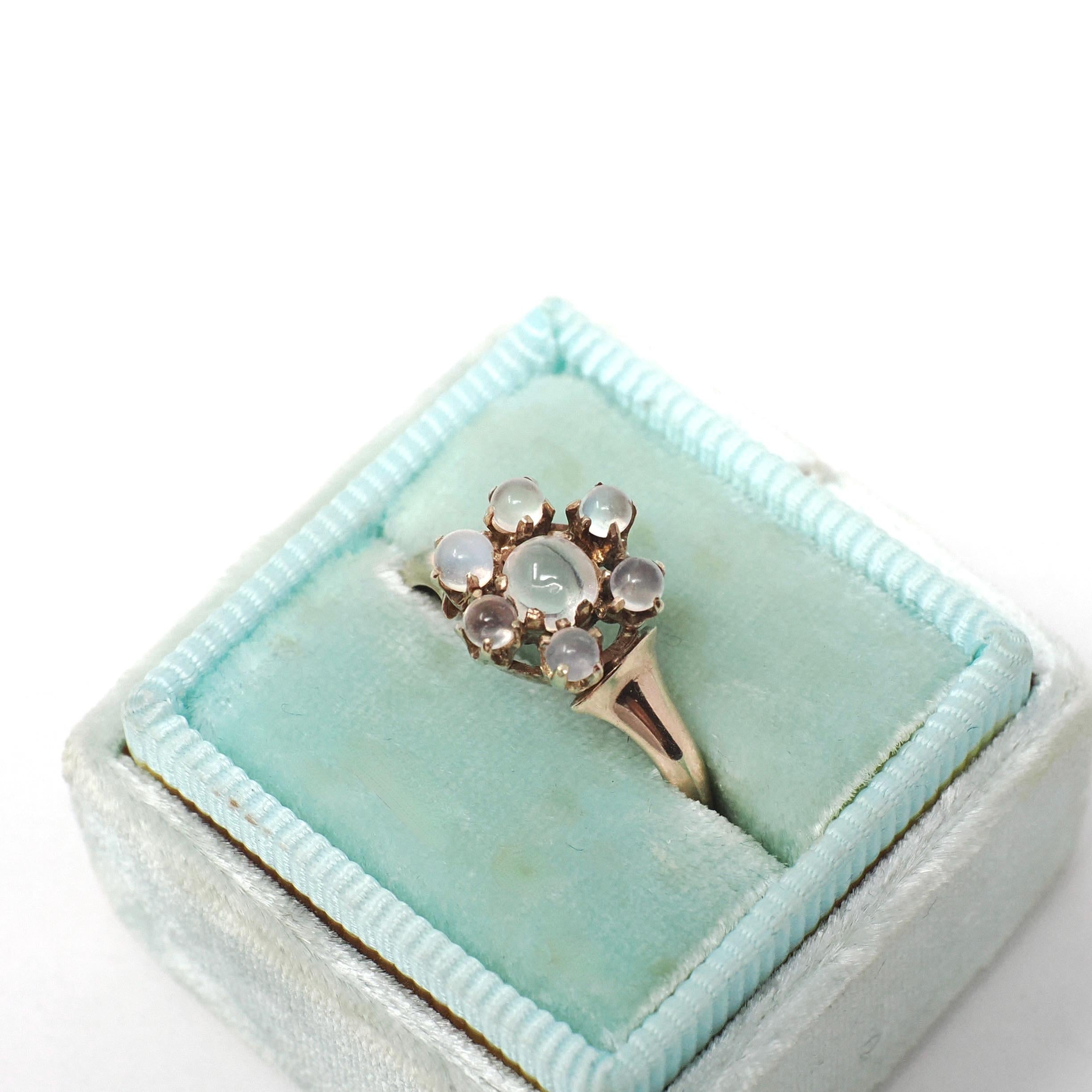 Antique Moonstone Ring - Victorian Era 10k Rose Gold Round Sphere Gemstone Halo - Circa 1890s Size 5 1/2 Belcher Flower Cluster Fine Jewelry