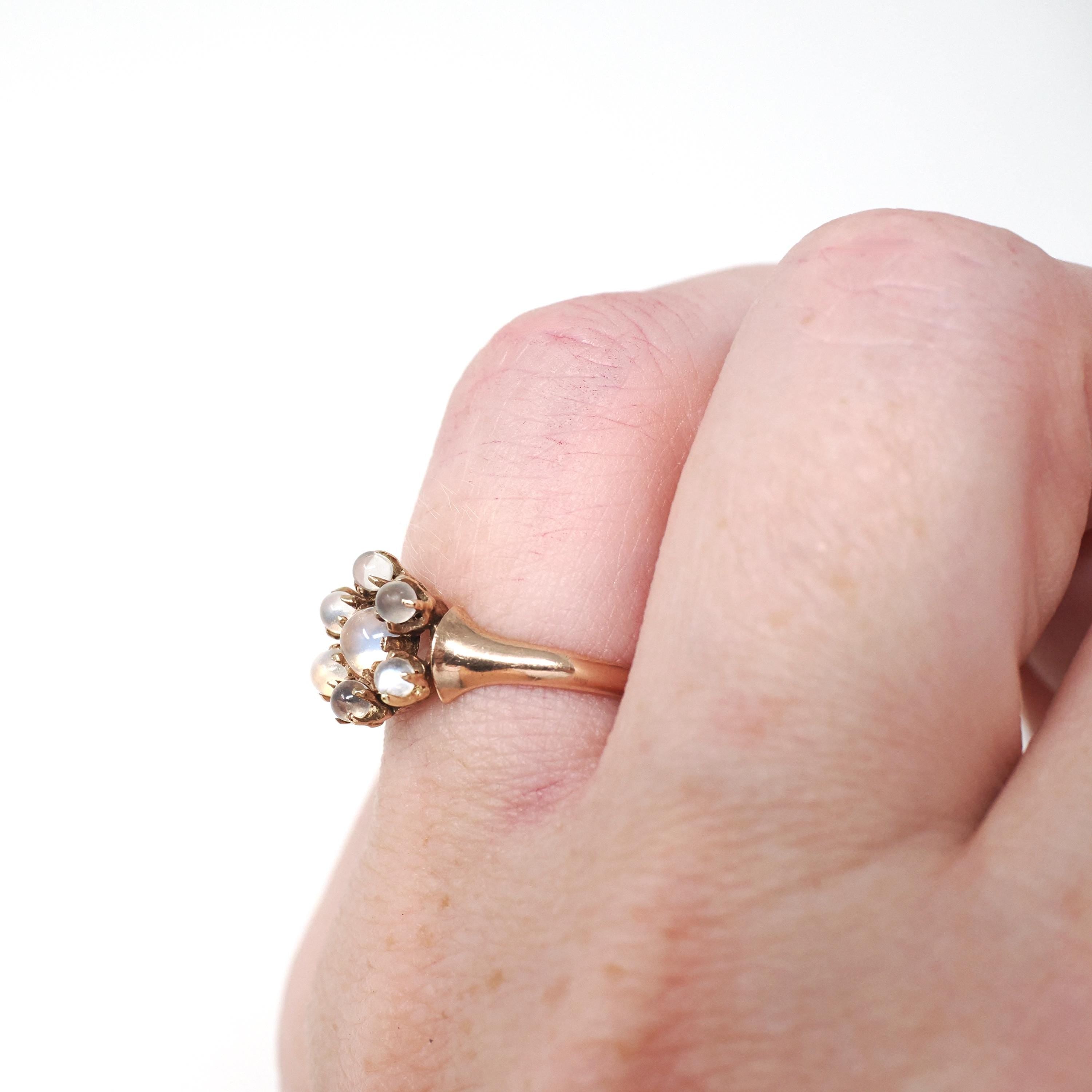 Antique Moonstone Ring - Victorian Era 10k Rose Gold Round Sphere Gemstone Halo - Circa 1890s Size 5 1/2 Belcher Flower Cluster Fine Jewelry