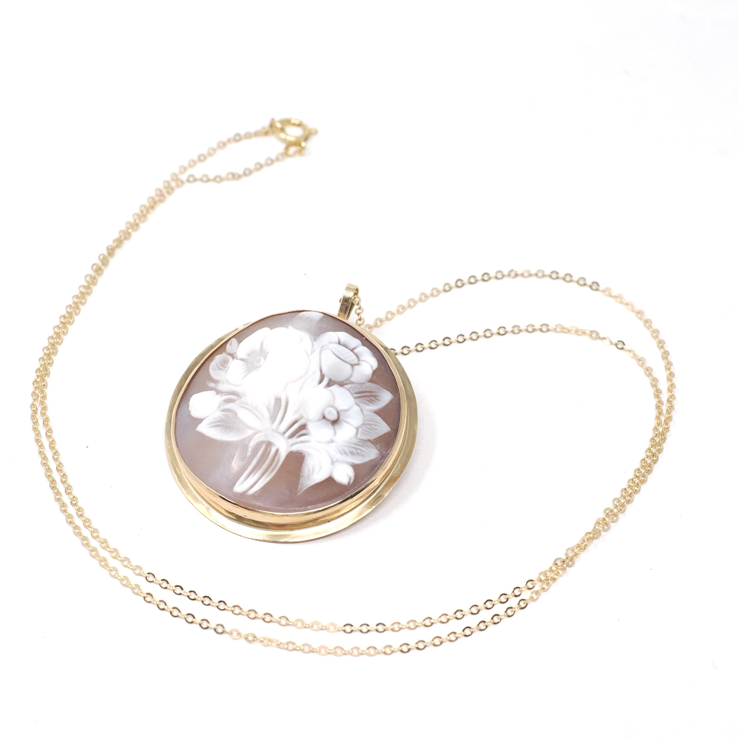 Flower Cameo Pendant - Mid Century 14k Yellow Gold Carved Shell Floral Bouquet Brooch Necklace - Vintage Circa 1940s Era Statement Jewelry
