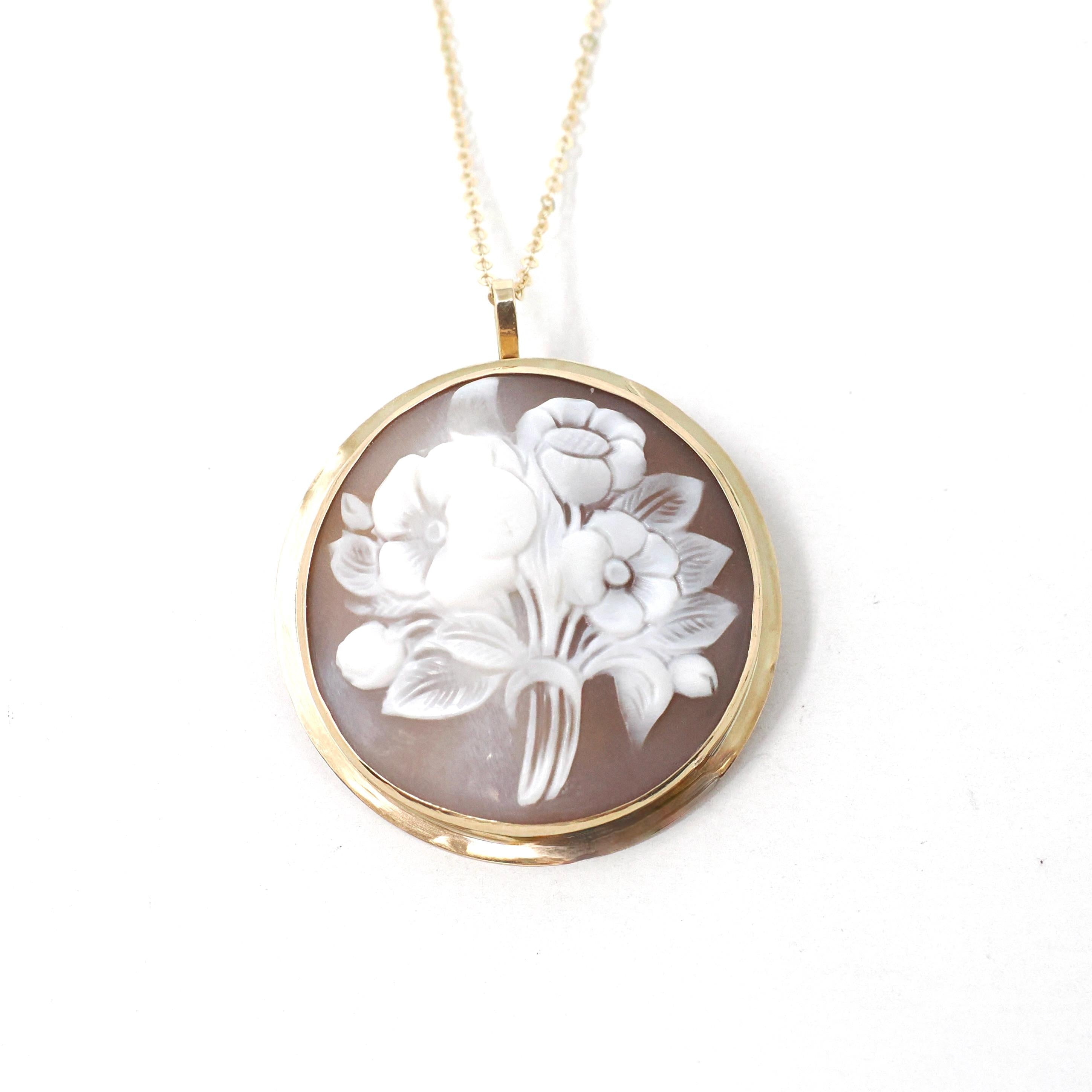Flower Cameo Pendant - Mid Century 14k Yellow Gold Carved Shell Floral Bouquet Brooch Necklace - Vintage Circa 1940s Era Statement Jewelry