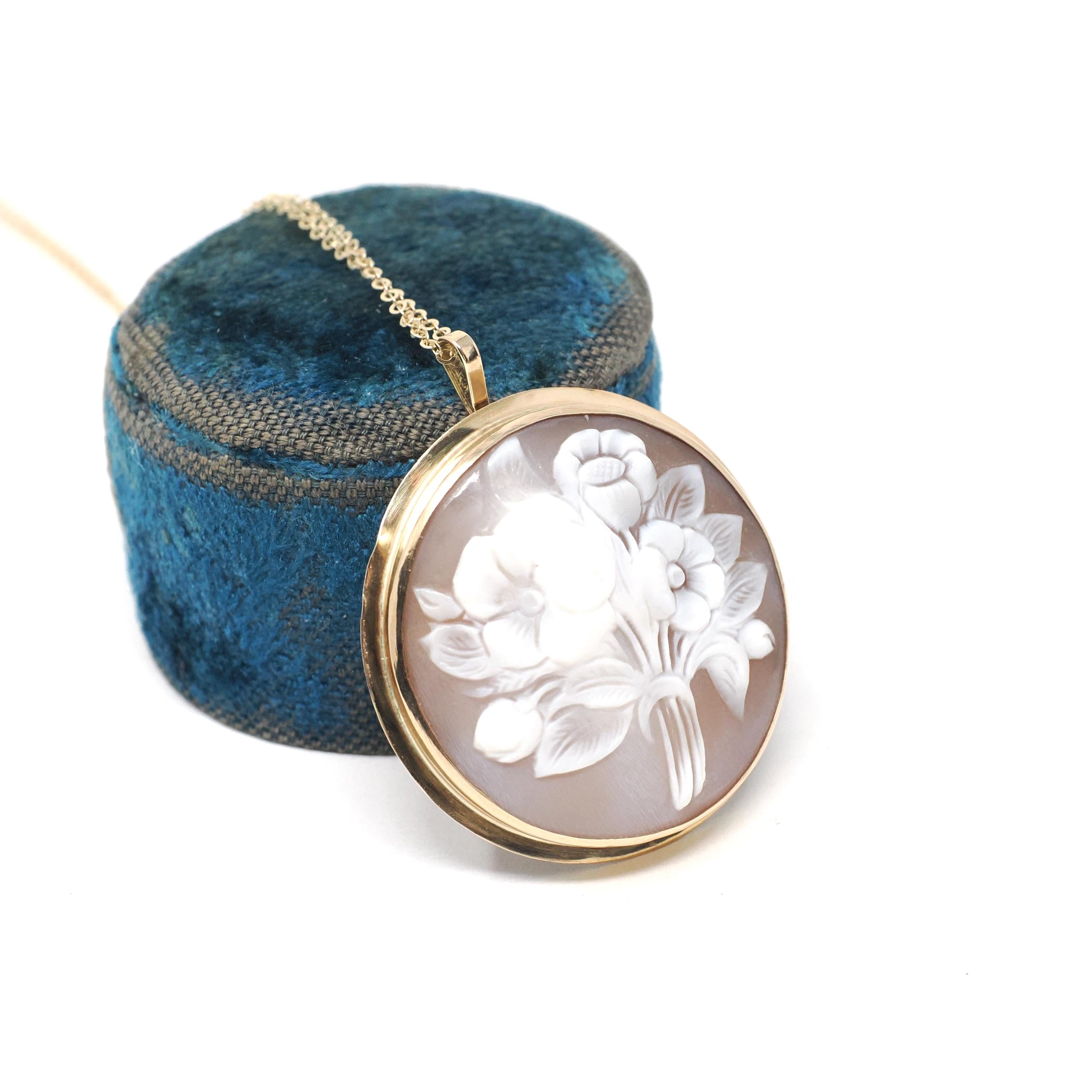 Flower Cameo Pendant - Mid Century 14k Yellow Gold Carved Shell Floral Bouquet Brooch Necklace - Vintage Circa 1940s Era Statement Jewelry