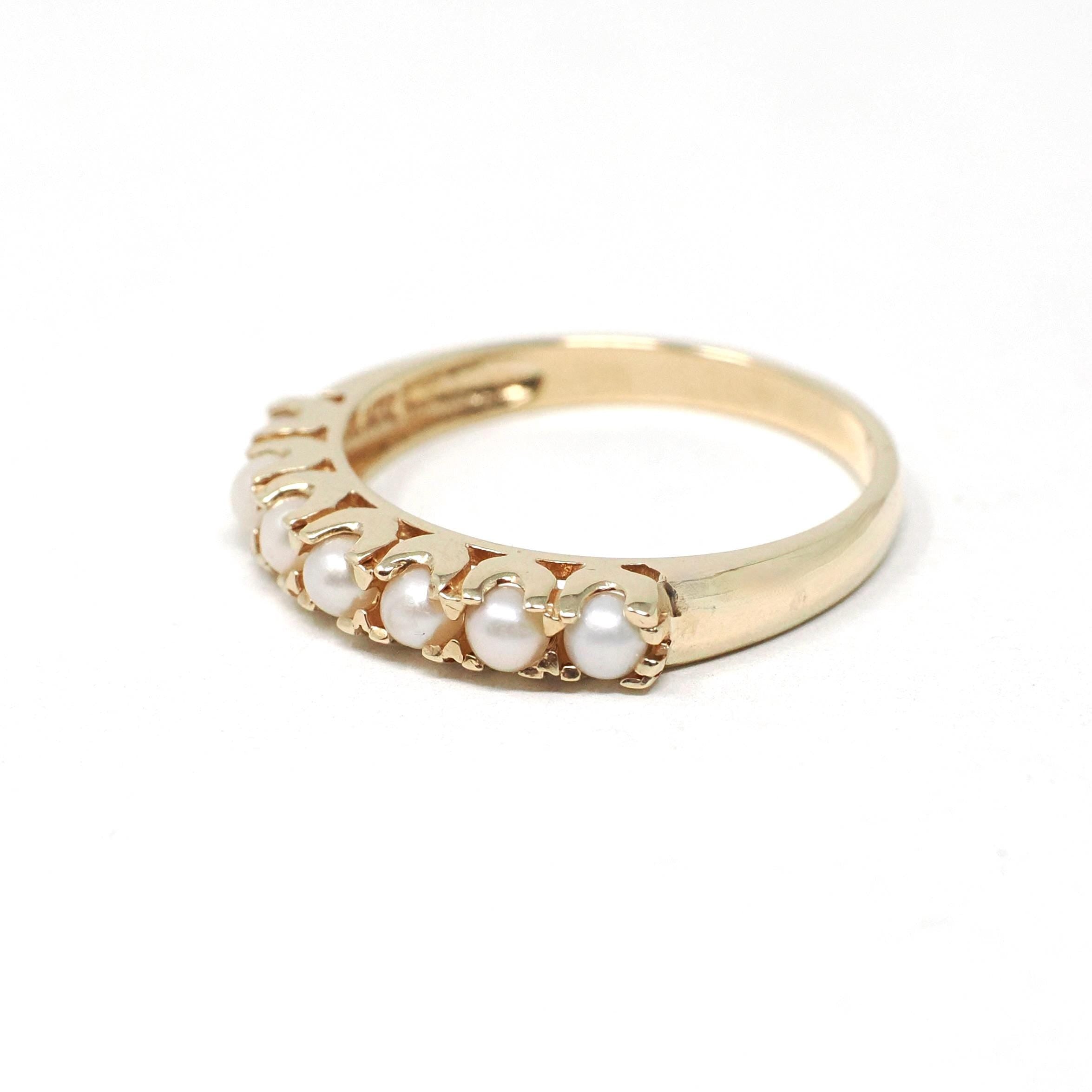 Cultured Pearl Band - Vintage 10k Yellow Gold Organic Natural Gemstone Ring - Modern Circa 1990s Era Size 6 1/2 June Birthstone Fine Jewelry
