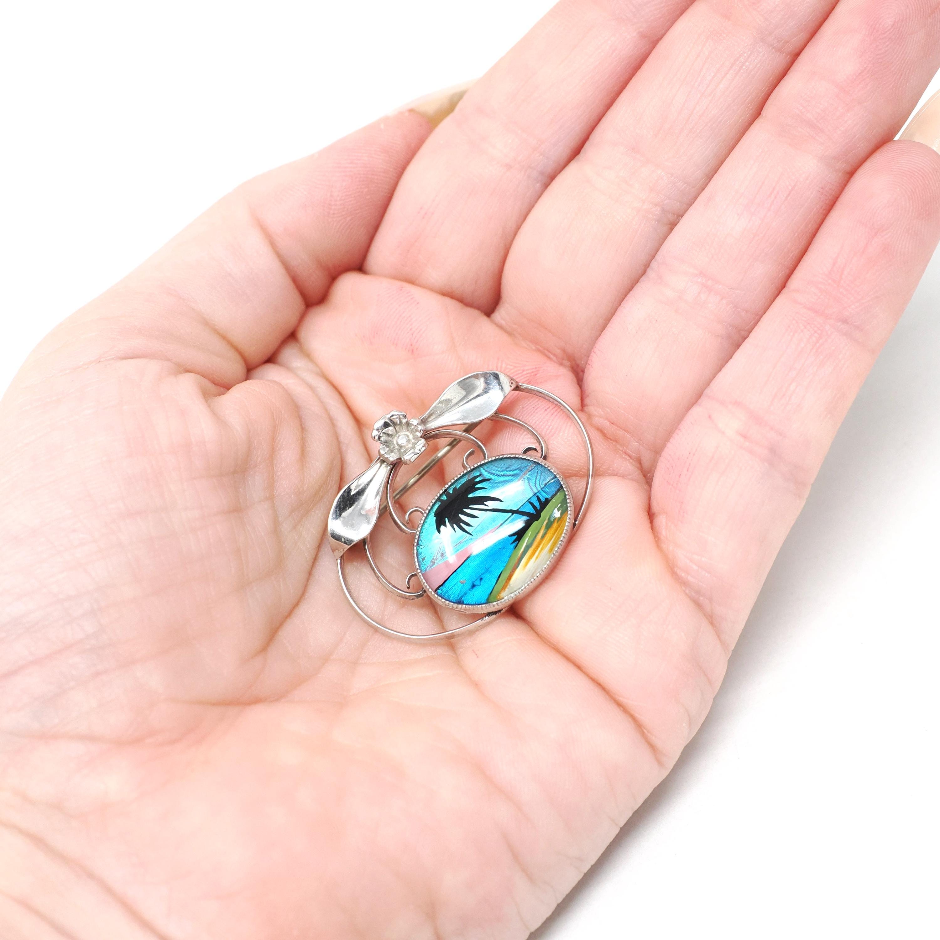 Morpho Butterfly Brooch - Art Deco Sterling Silver Blue Iridescent Wing Pin - Circa 1930s Era Tropical Palm Tree Sunset Souvenir Jewelry