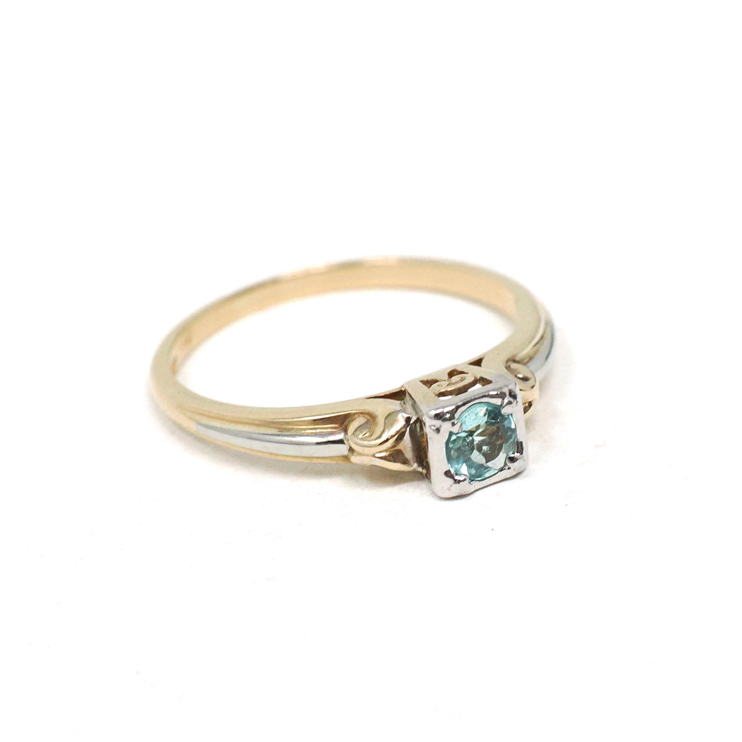 Vintage Paraiba Tourmaline Ring - Mid Century 14k Yellow & 18k White Gold Two Tone Engagement Solitaire - Circa 1940s Era Size 6 1/4 Jewelry