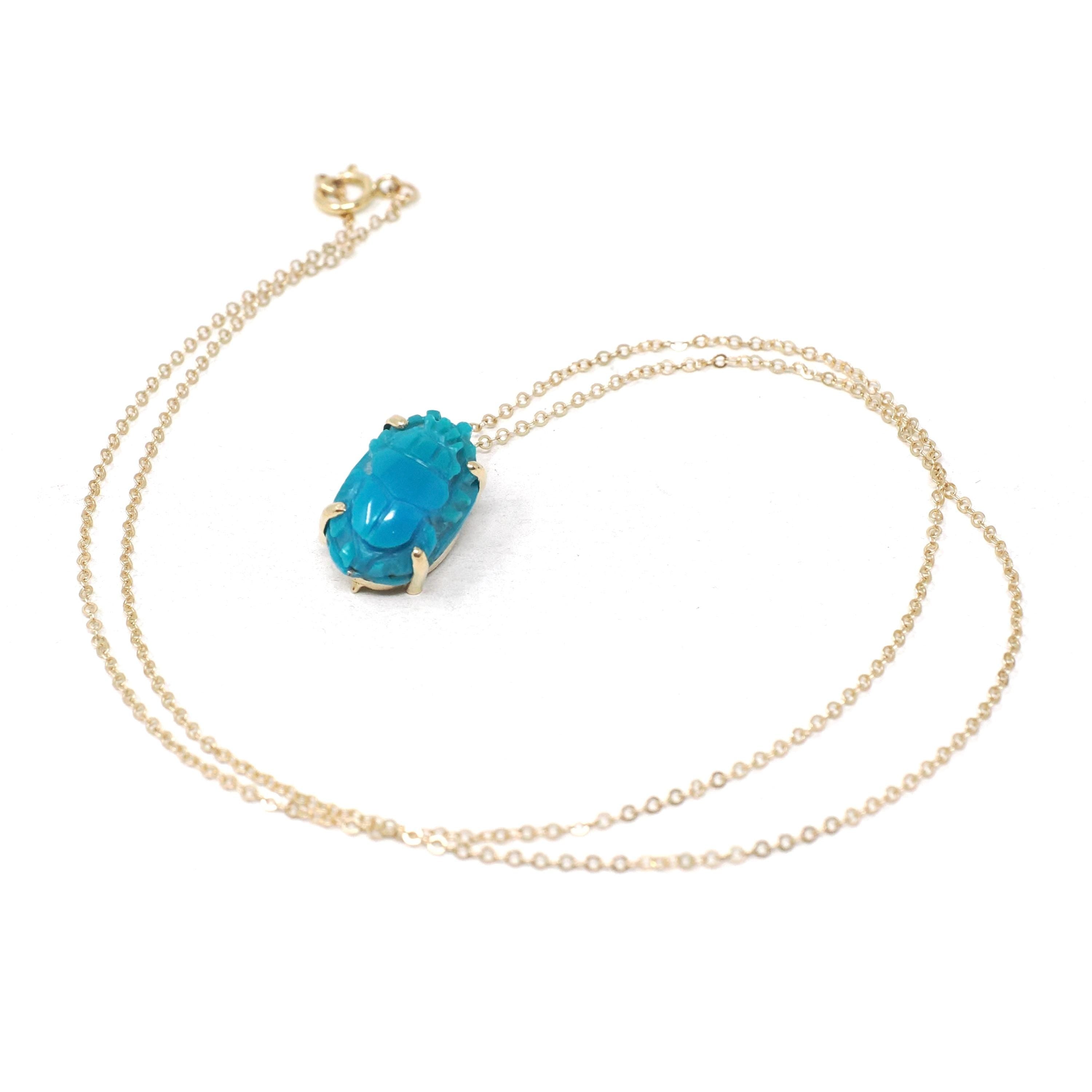 Turquoise Scarab Charm - 14k Yellow Gold Carved Bug Pendant Necklace - Egyptian Revival 1960s Era Fine Protection Statement Jewelry