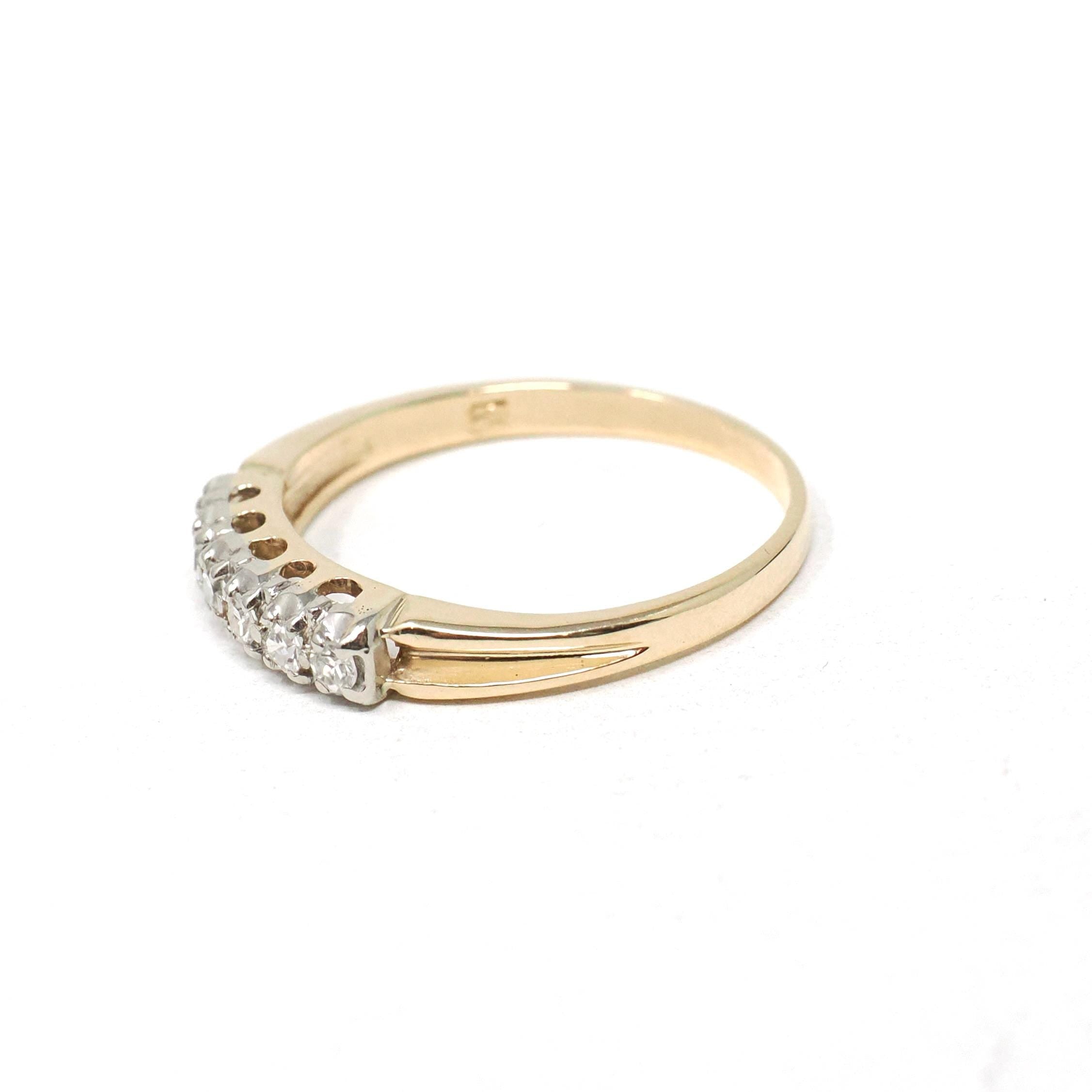Vintage Wedding Ring - Mid Century 14k Yellow & White Gold Natural 0.10 CTW Diamond Band - Circa 1950s Size 6 Two Tone Fine Bridal Jewelry