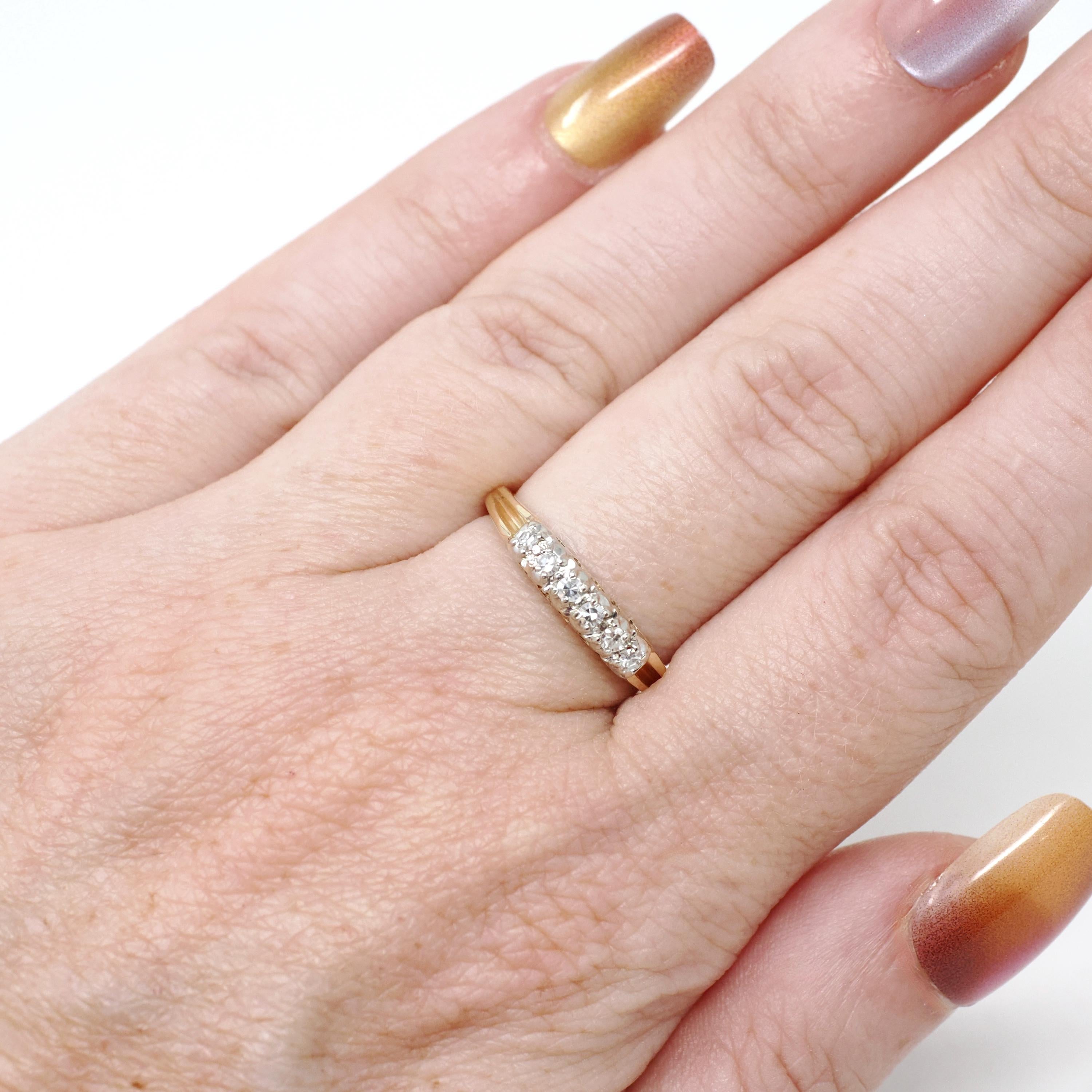 Vintage Wedding Ring - Mid Century 14k Yellow & White Gold Natural 0.10 CTW Diamond Band - Circa 1950s Size 6 Two Tone Fine Bridal Jewelry