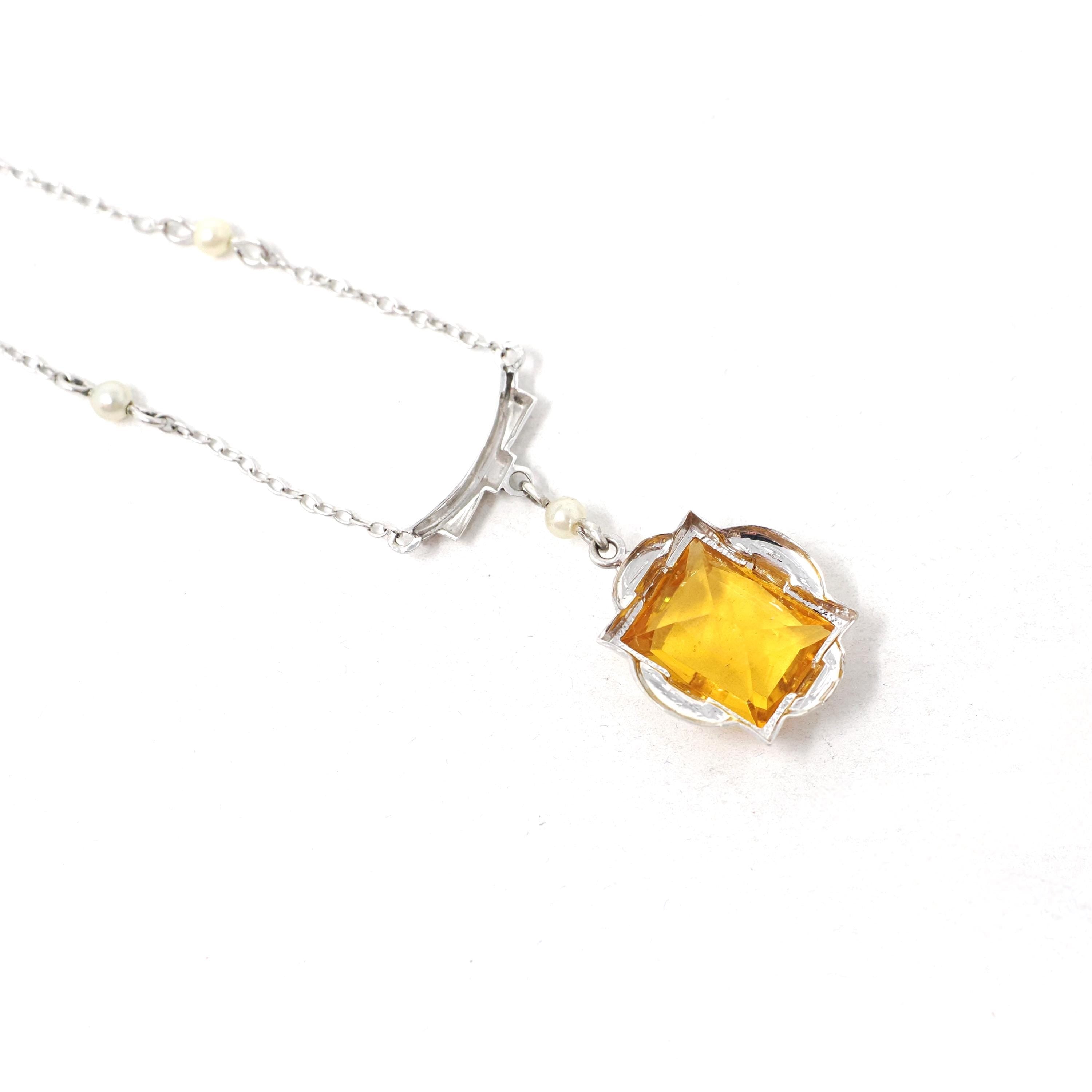 Art Deco Lavalier Necklace - Vintage 10k White Gold Simulated Yellow Sapphire Pearl Pendant Charm - Circa 1930s Era Glass Gems Fine Jewelry