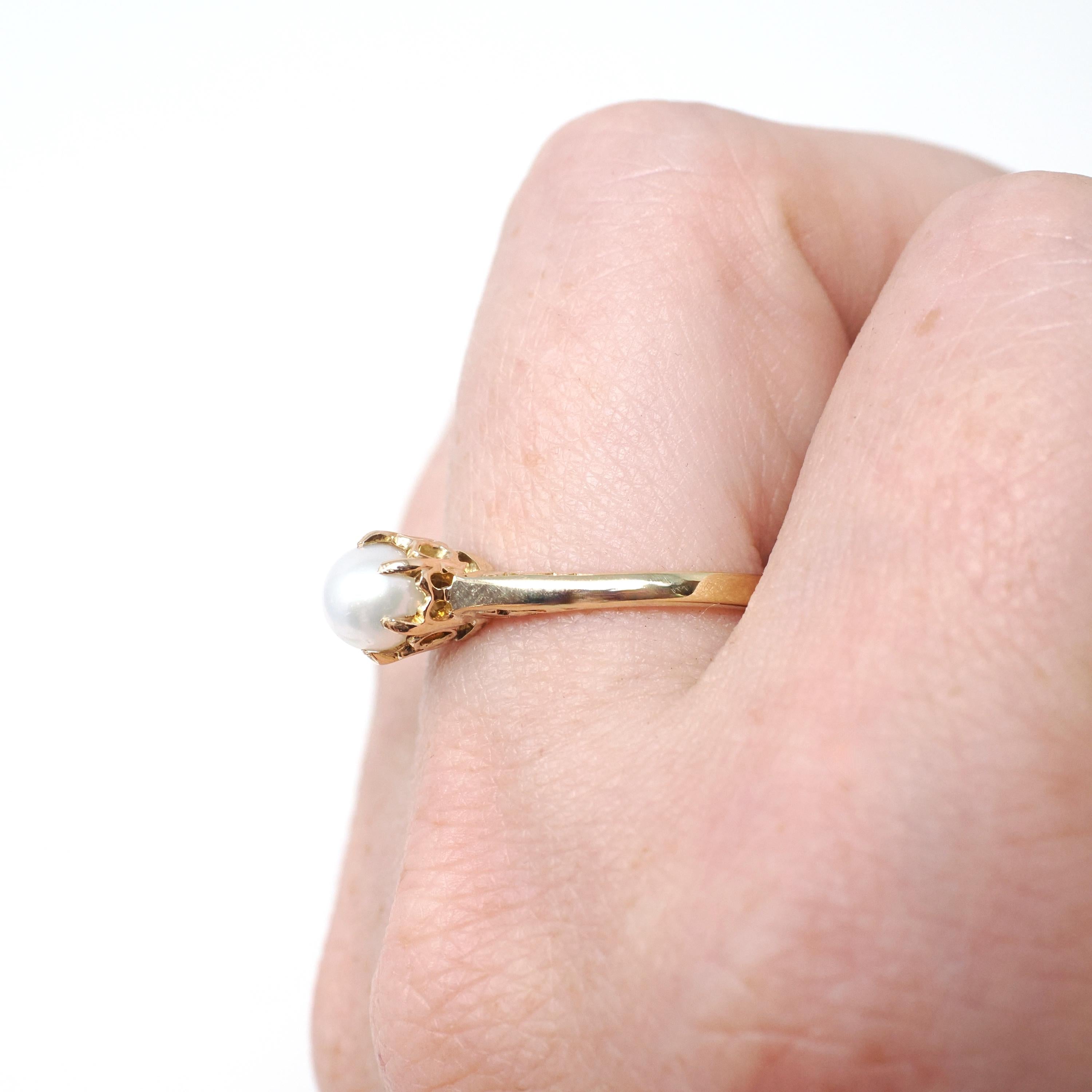 Antique Cultured Pearl Ring - Edwardian Era 10k Yellow Gold Solitaire Basket Prong Setting - Vintage Circa 1910s Era Size 6 3/4 Fine Jewelry