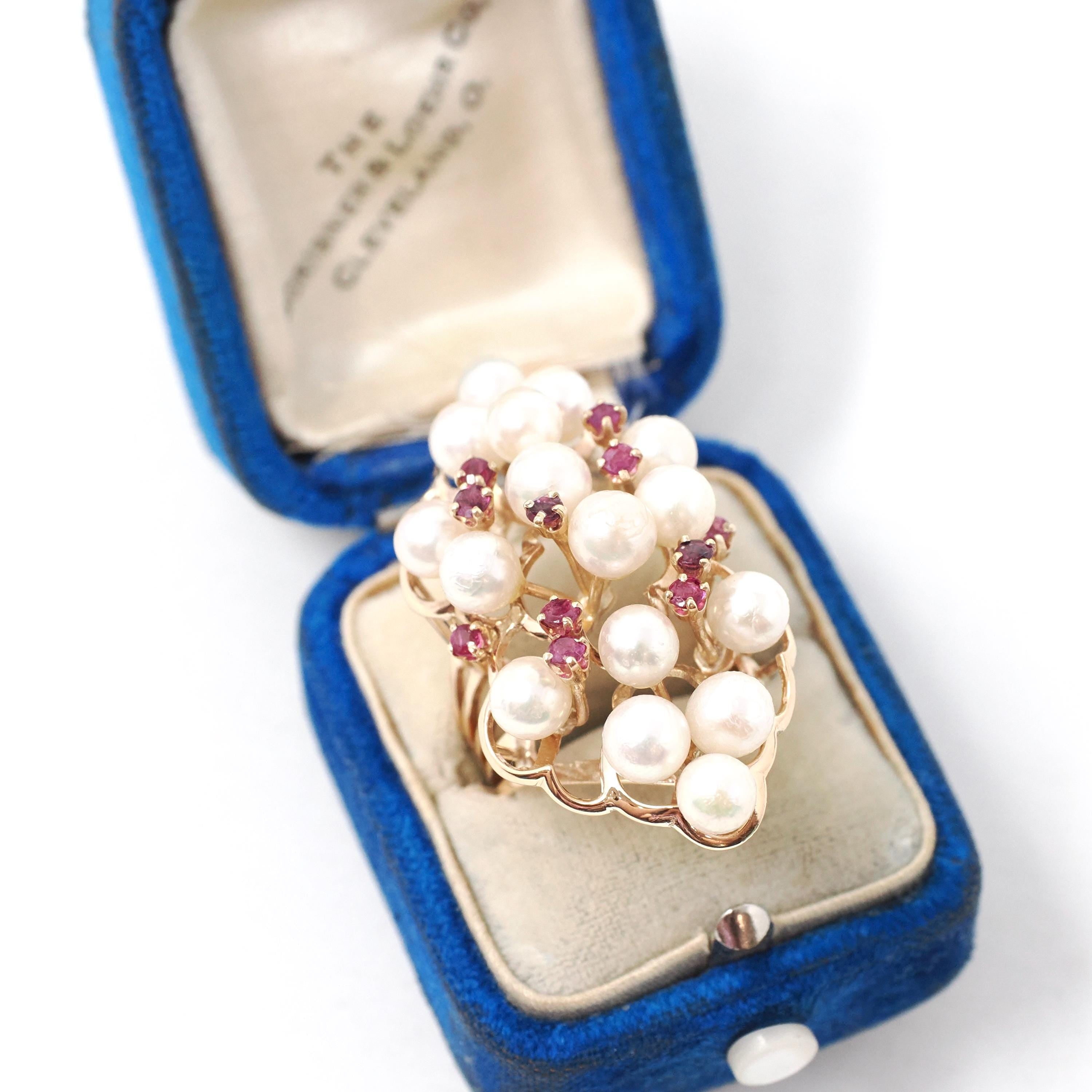 Pearl & Ruby Cluster Ring - Retro Era 14k Yellow Gold Organic Cultured And Red Corundum Gems - Circa 1970s Era Size 6 Statement Fine Jewelry
