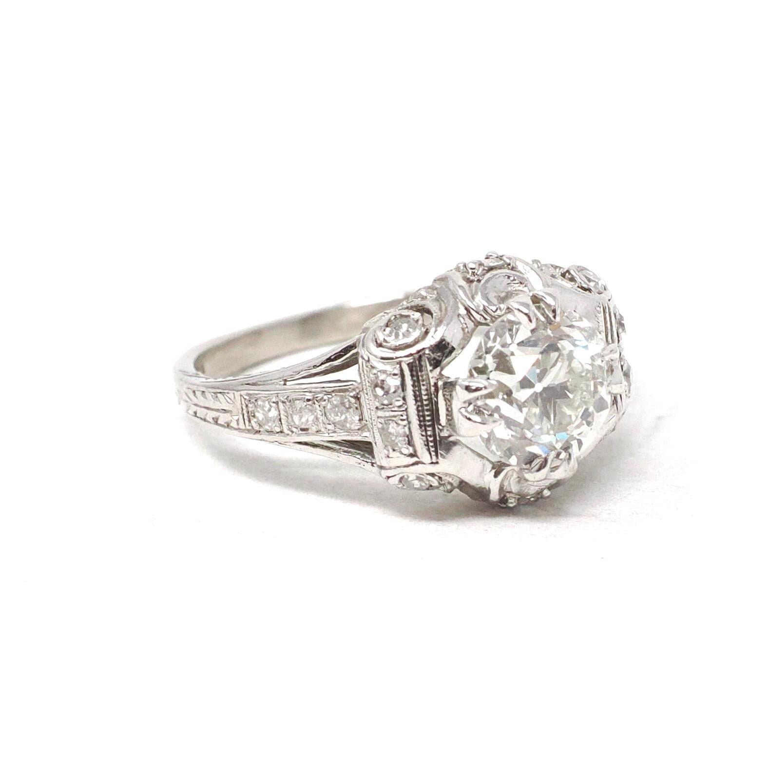 Vintage Engagement Ring - Art Deco Platinum 1.53 CTW Old European Cut Diamond Bridal - Circa 1930s Size 6 Wedding Fine GIA Report Jewelry