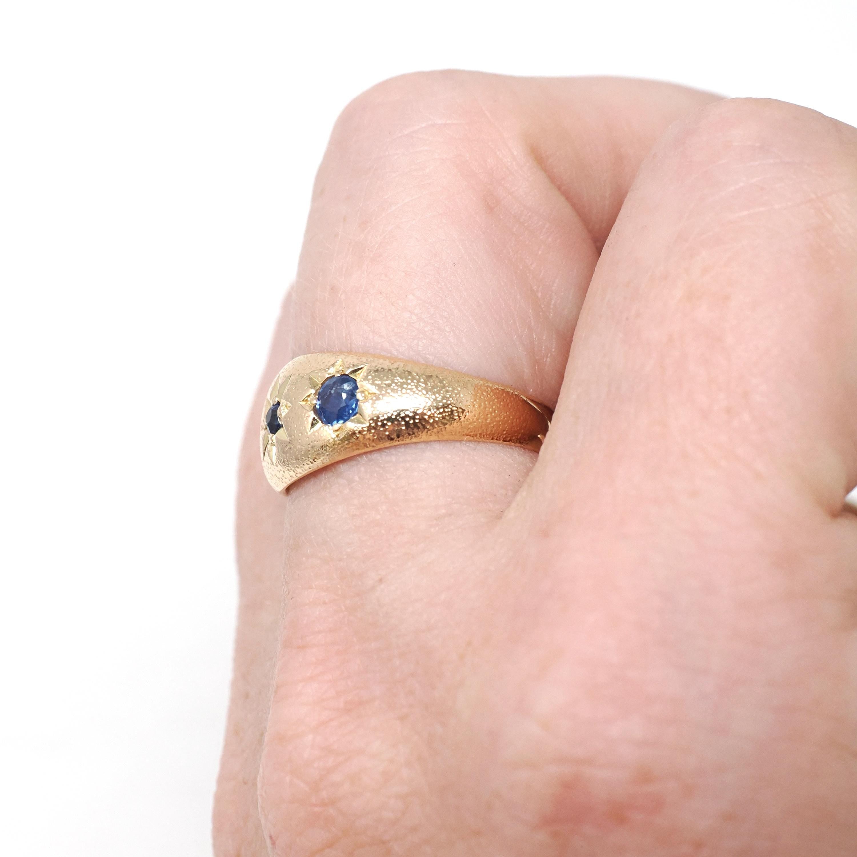 Antique Three Stone Band - Edwardian Era 18k Yellow Gold Natural Blue Sapphire Corundum - Hallmarked 1909 Size 6 1/4 Fine Celestial Jewelry
